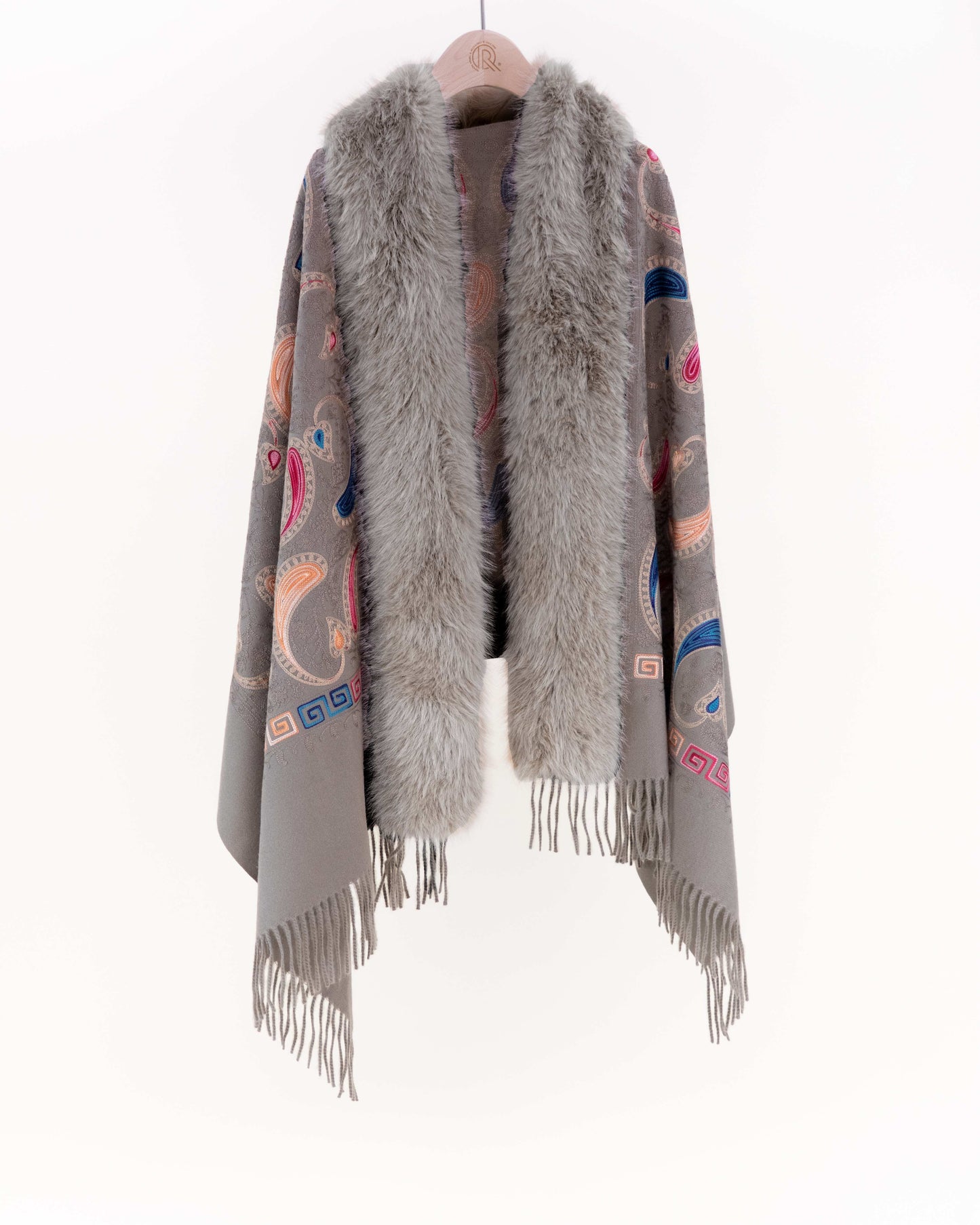 Embroidered Baroque Paisley Faux Fur Edge Scarf