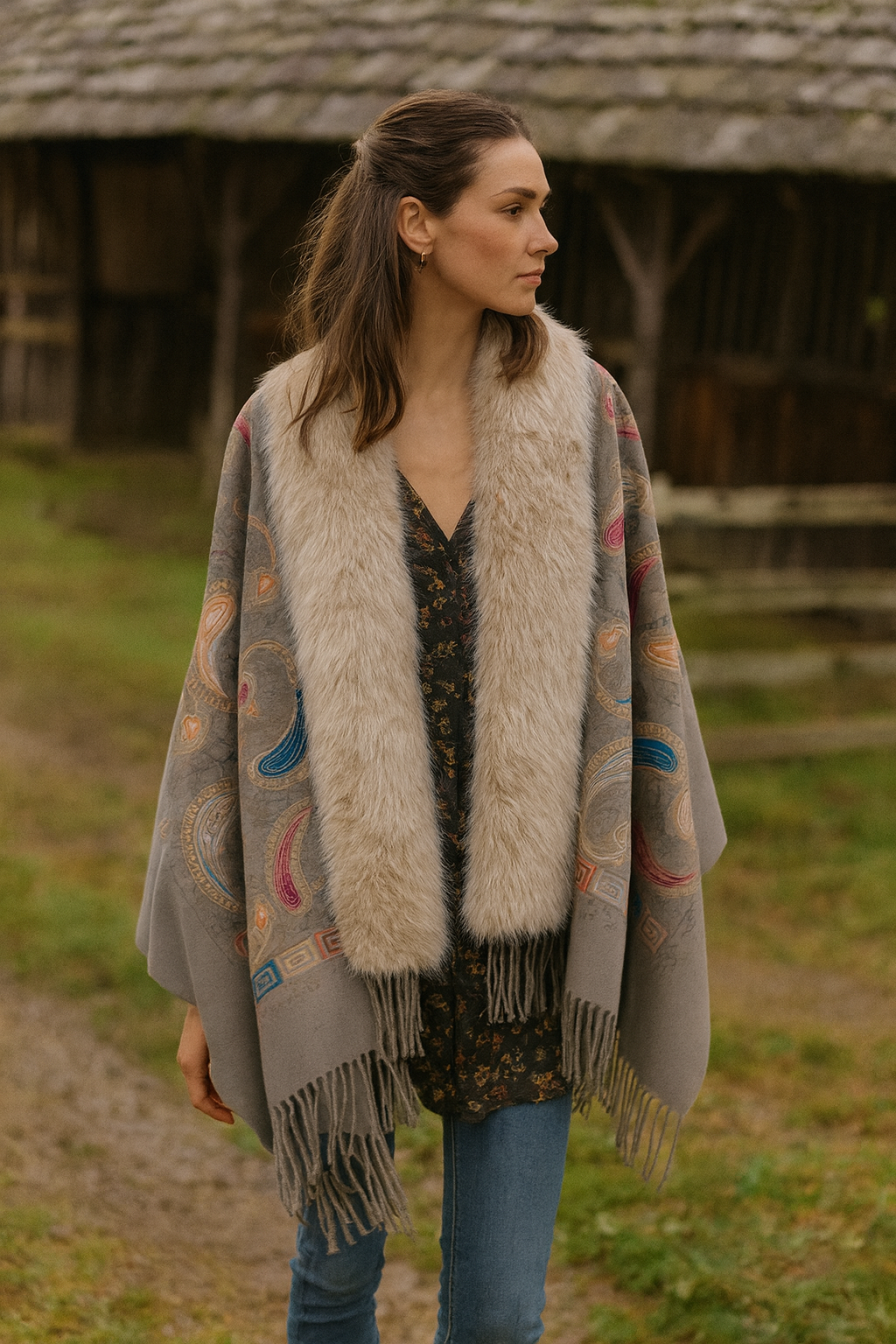 Embroidered Baroque Paisley Faux Fur Edge Scarf
