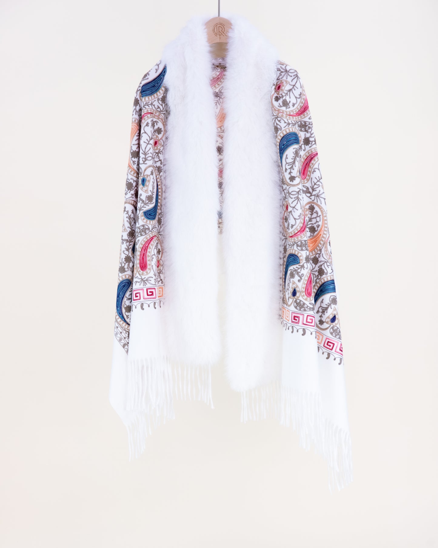 Embroidered Baroque Paisley Faux Fur Edge Scarf