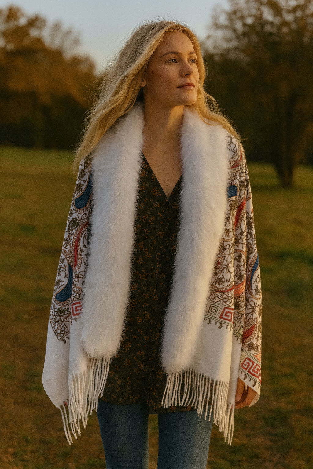 Embroidered Baroque Paisley Faux Fur Edge Scarf