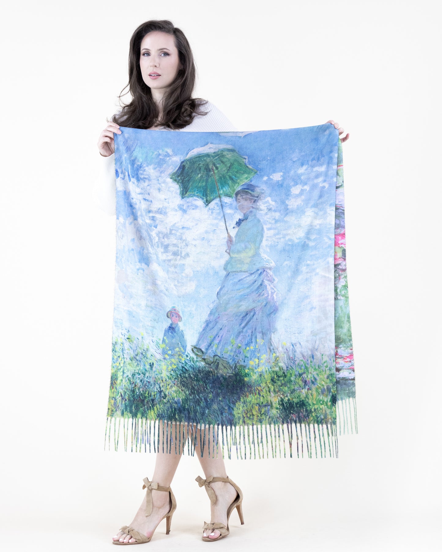 Woman with a Parasol and Lotus Flower Double Sided Scarf