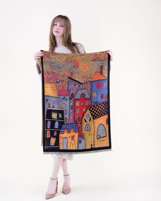 Whimsical City Homes Premium Scarf - BLUE YELLOW