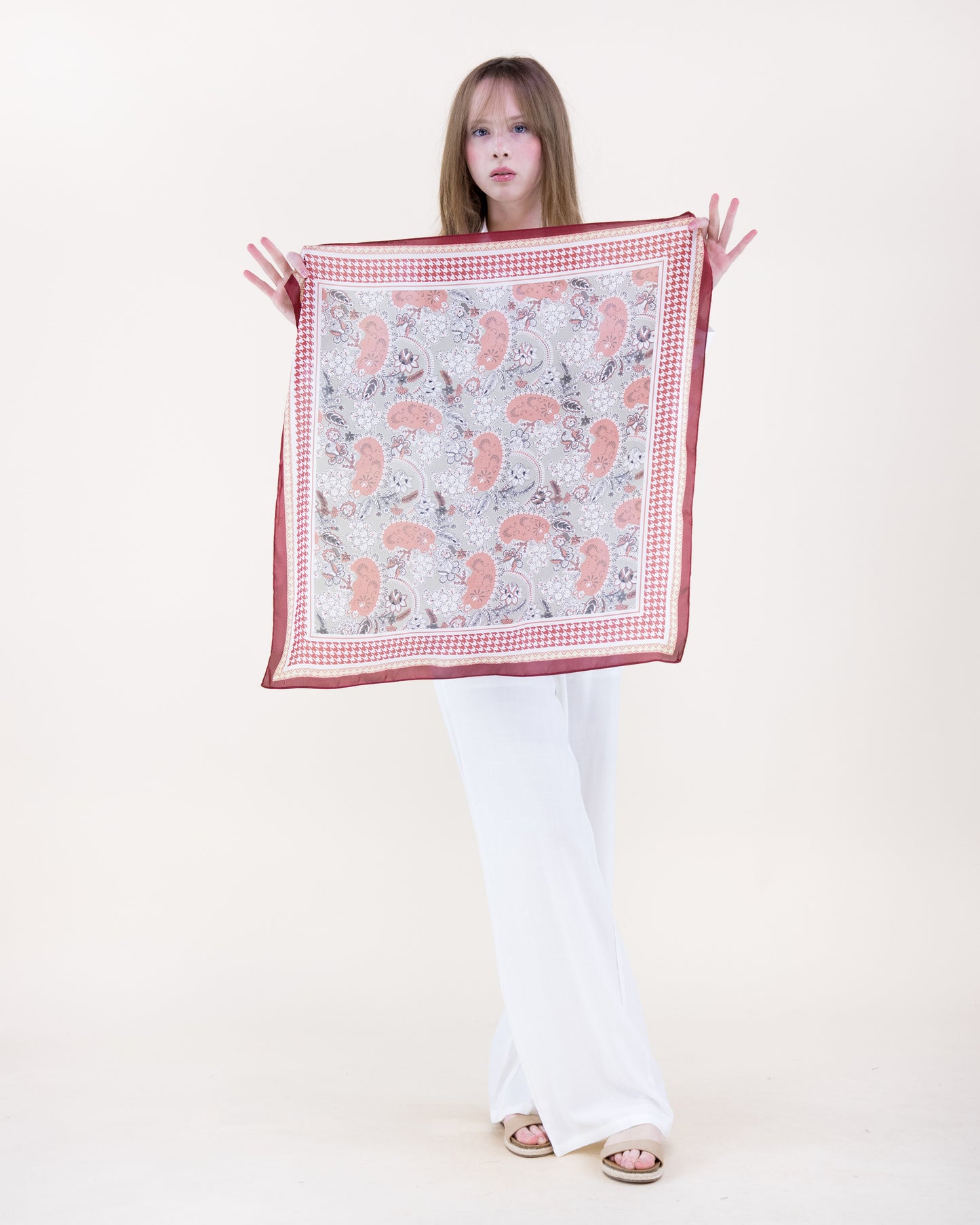 Paisley Floral Houndstooth Border Satin Small Square Scarf