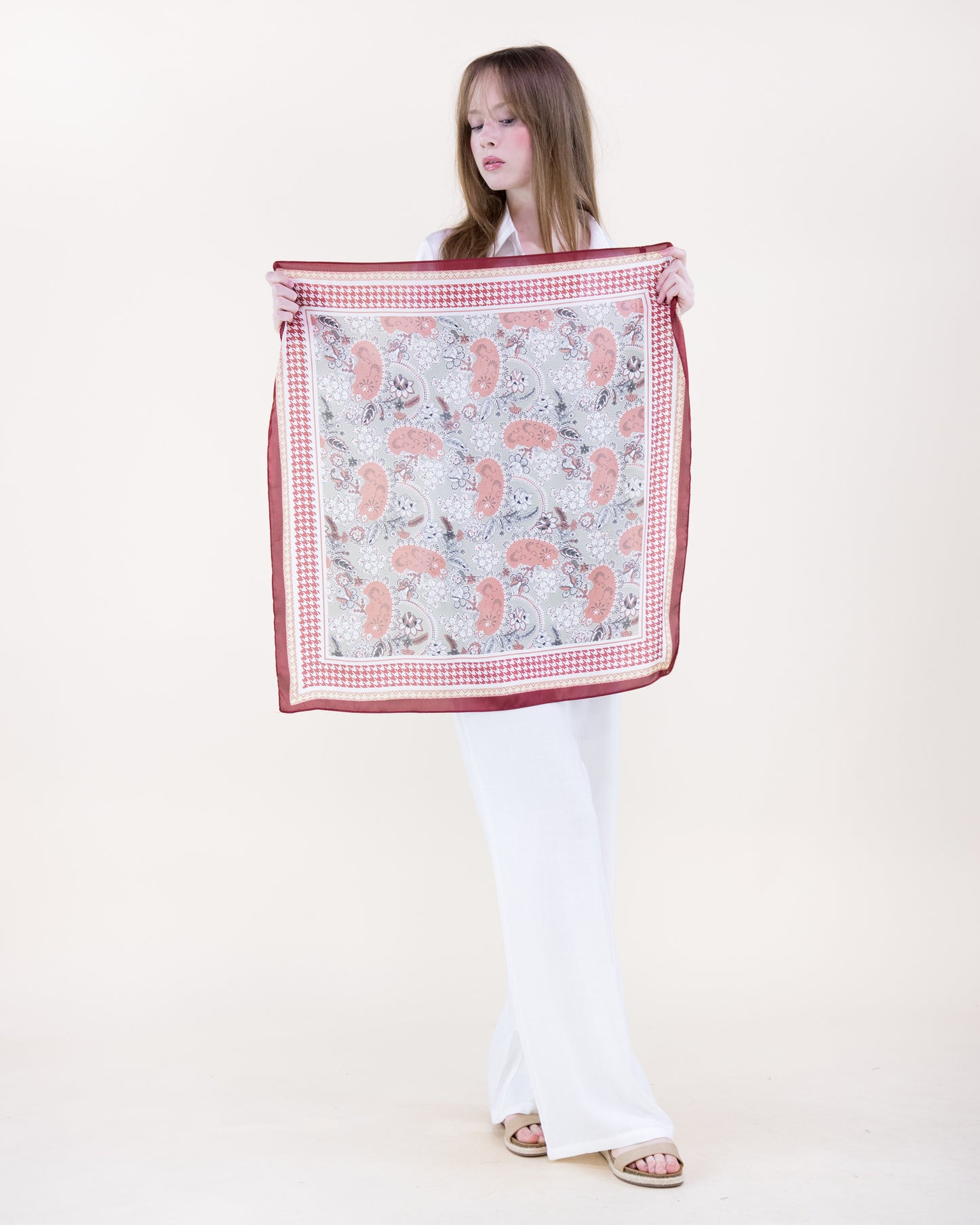 Paisley Floral Houndstooth Border Satin Small Square Scarf