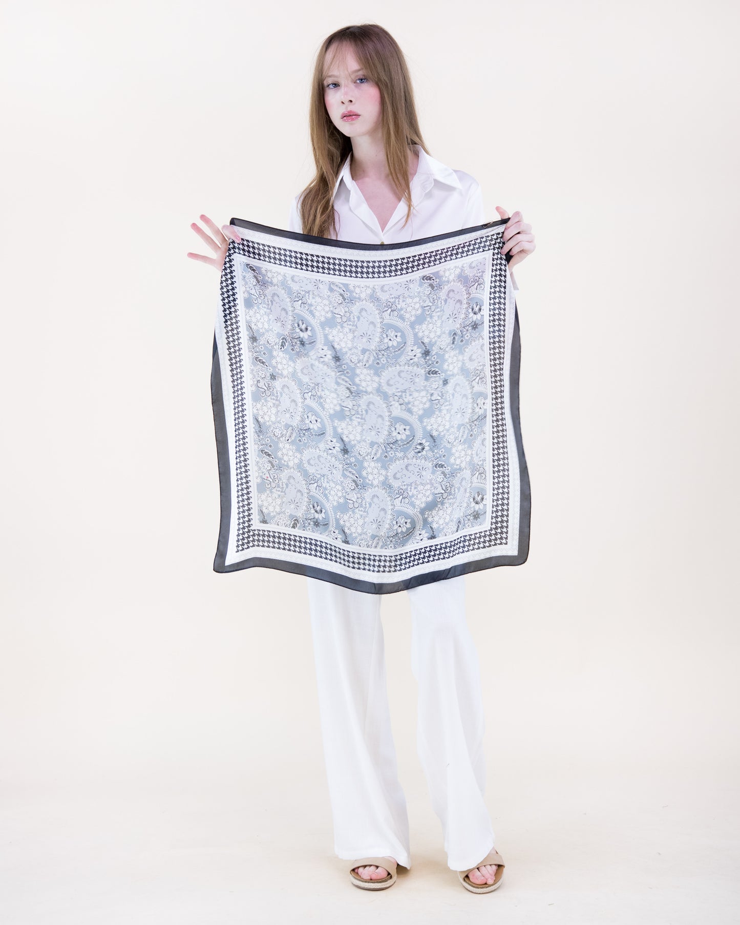 Paisley Floral Houndstooth Border Satin Small Square Scarf