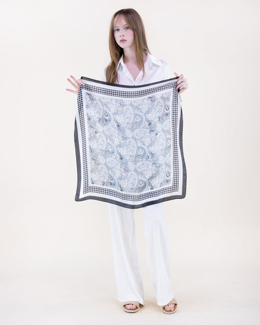 Paisley Floral Houndstooth Border Satin Small Square Scarf