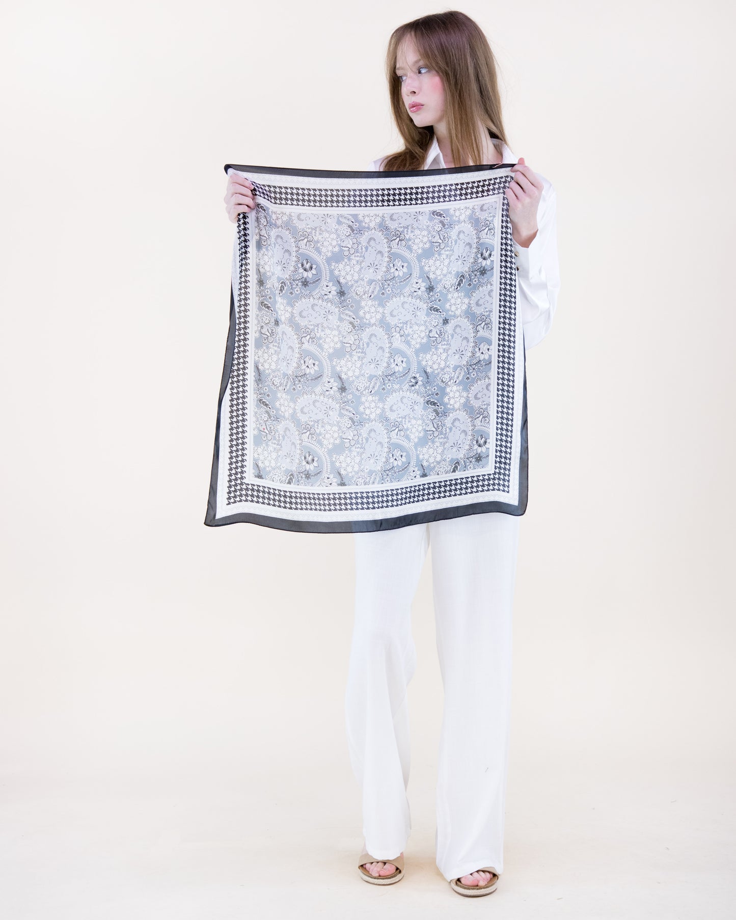 Paisley Floral Houndstooth Border Satin Small Square Scarf