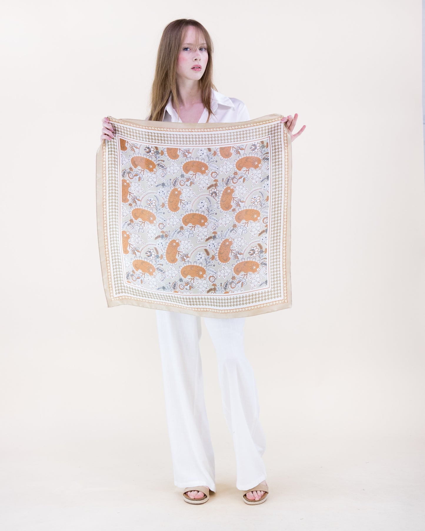 Paisley Floral Houndstooth Border Satin Small Square Scarf