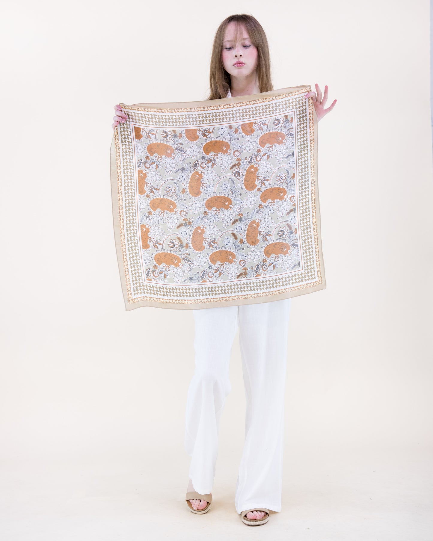 Paisley Floral Houndstooth Border Satin Small Square Scarf