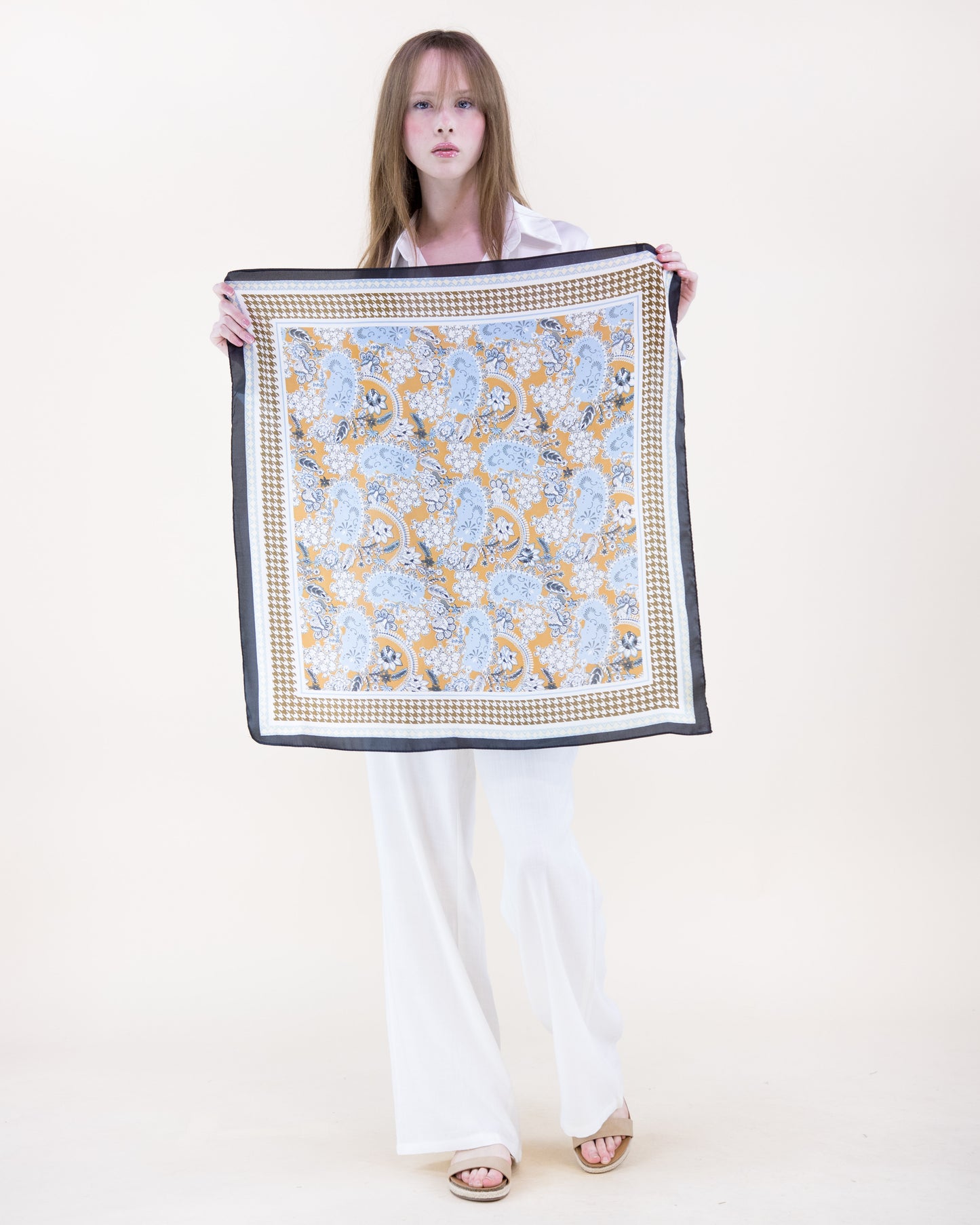 Paisley Floral Houndstooth Border Satin Small Square Scarf