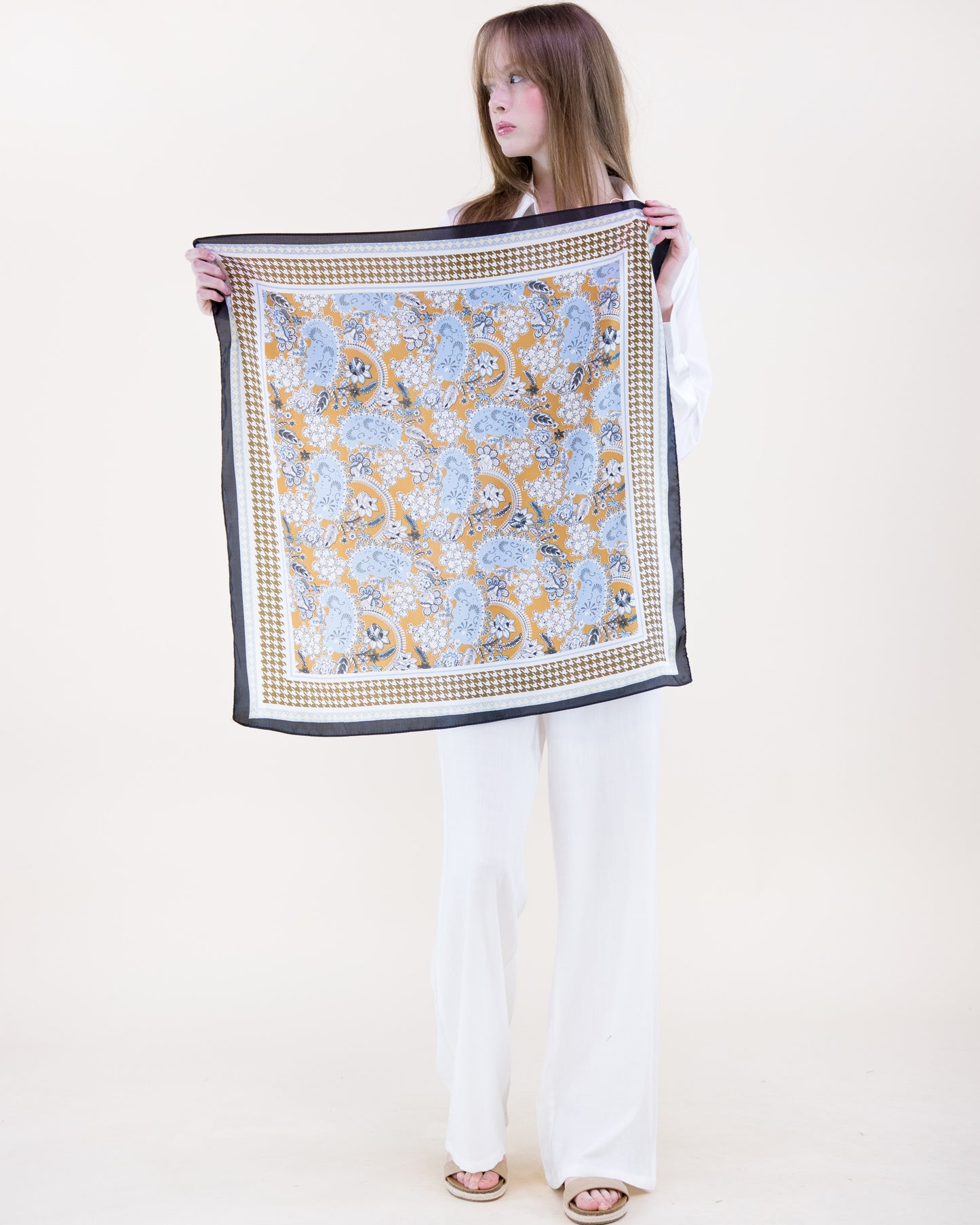 Paisley Floral Houndstooth Border Satin Small Square Scarf