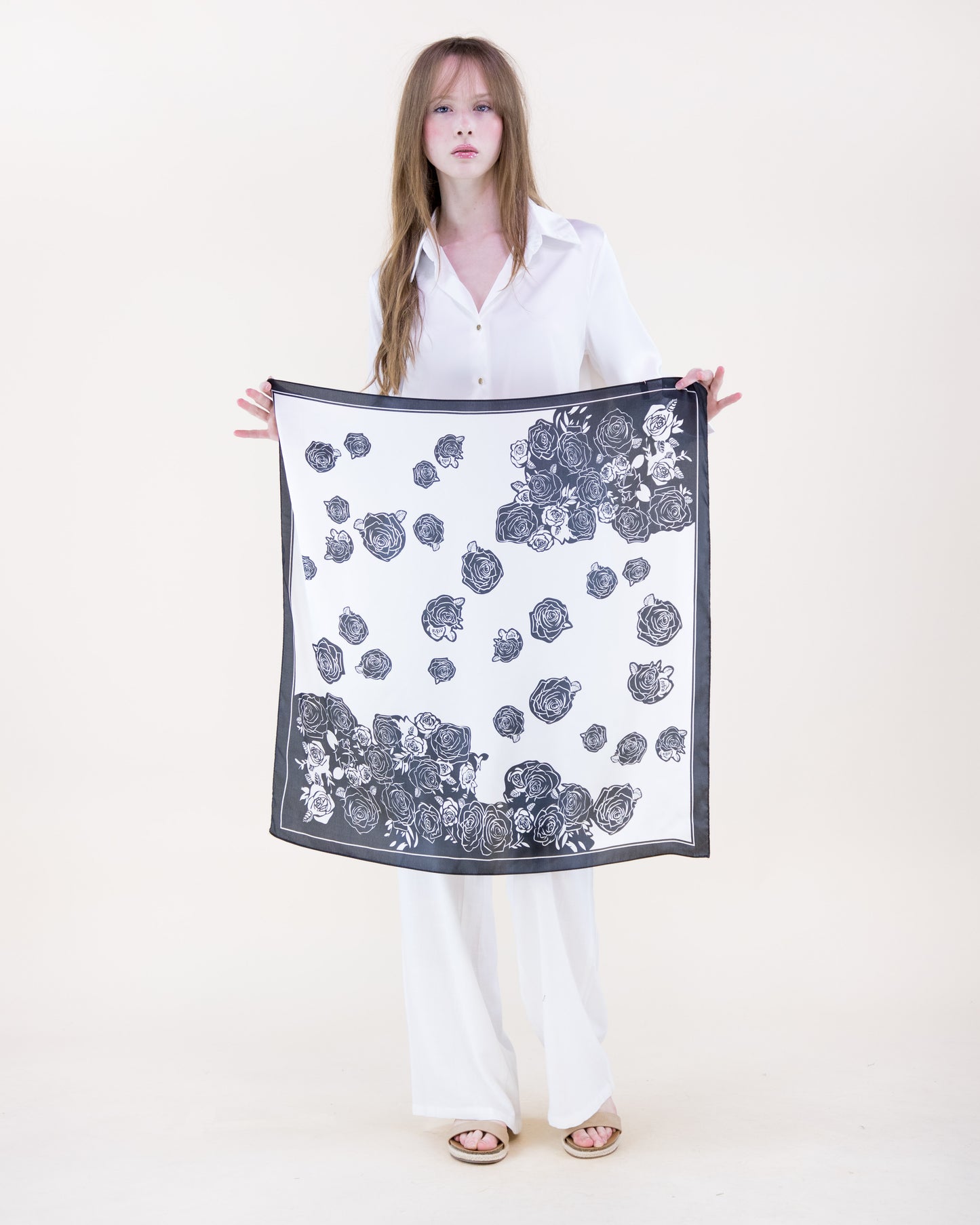 Monochrome Roses Satin Small Square Scarf