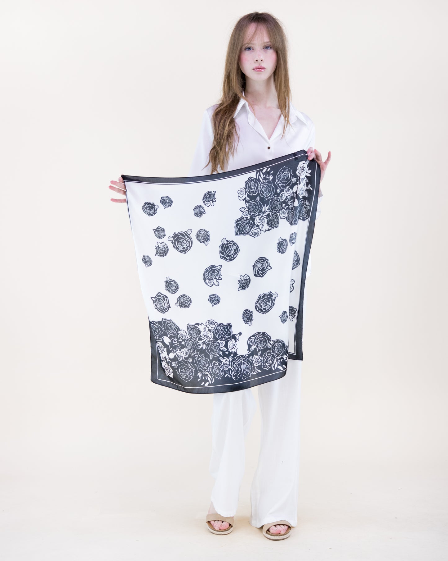 Monochrome Roses Satin Small Square Scarf