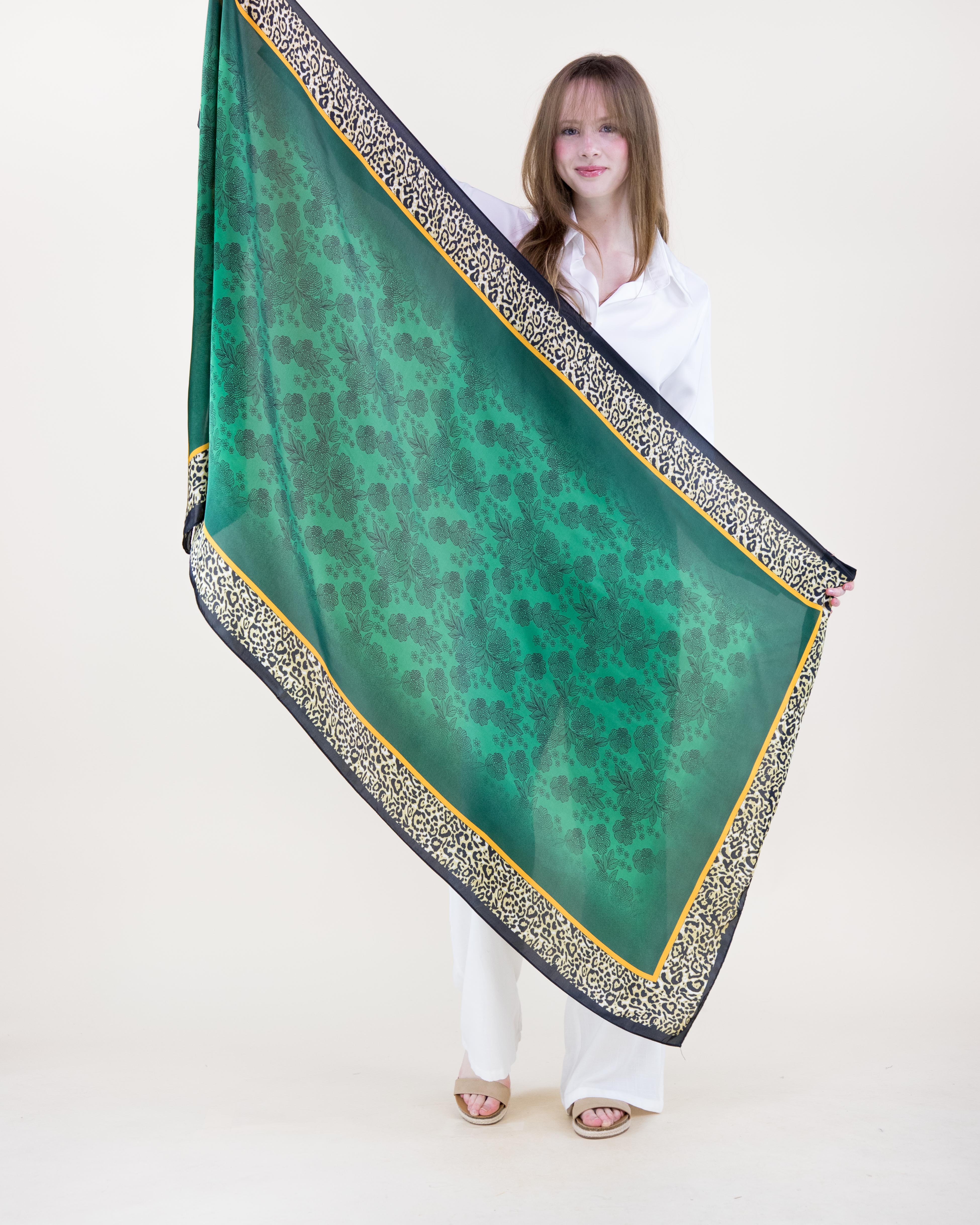 Emerald Flower Leopard Border Satin Long Scarf