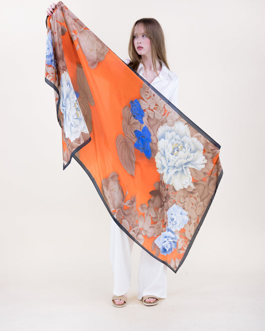 Peony Composition Satin Long Scarf
