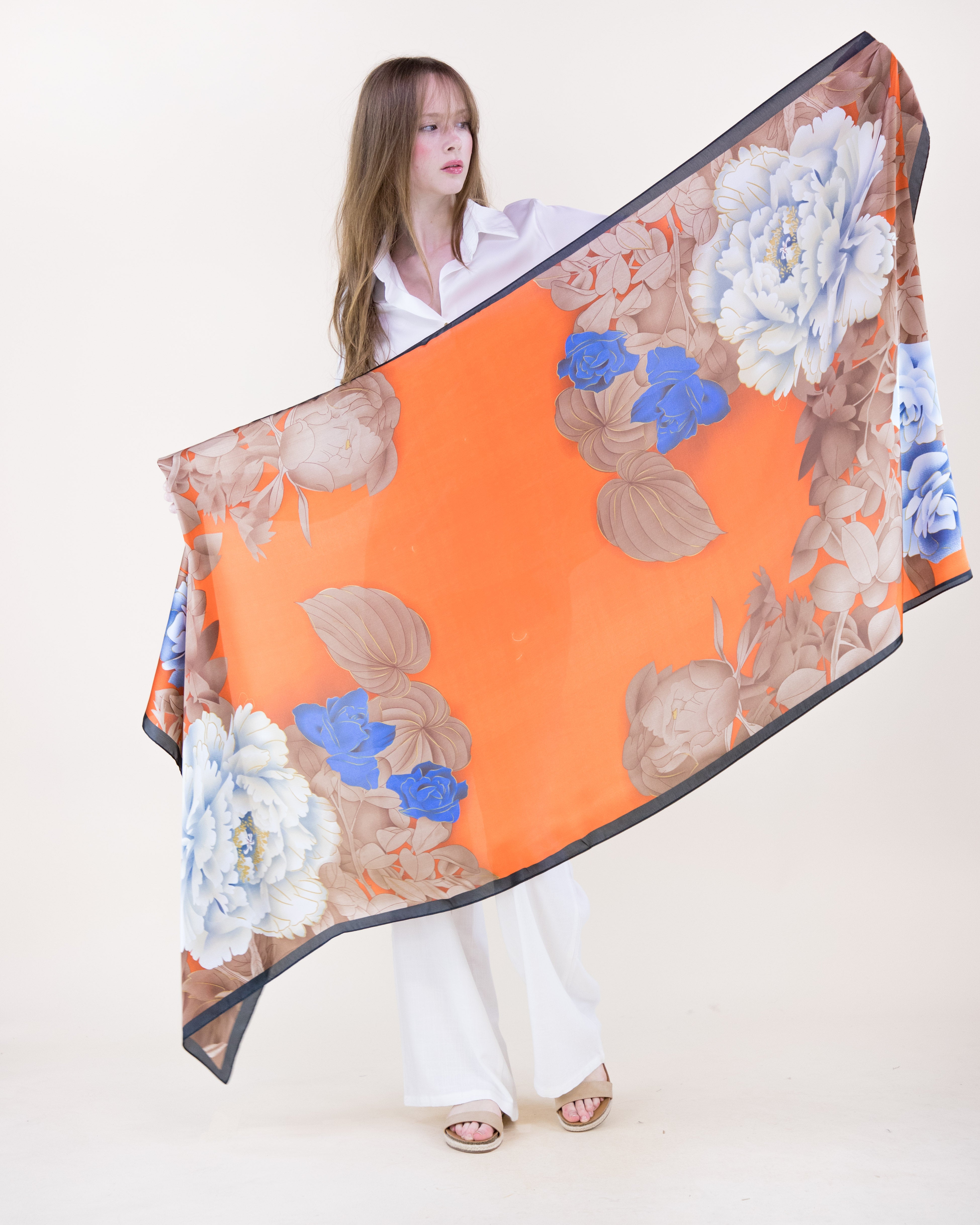 Peony Composition Satin Long Scarf