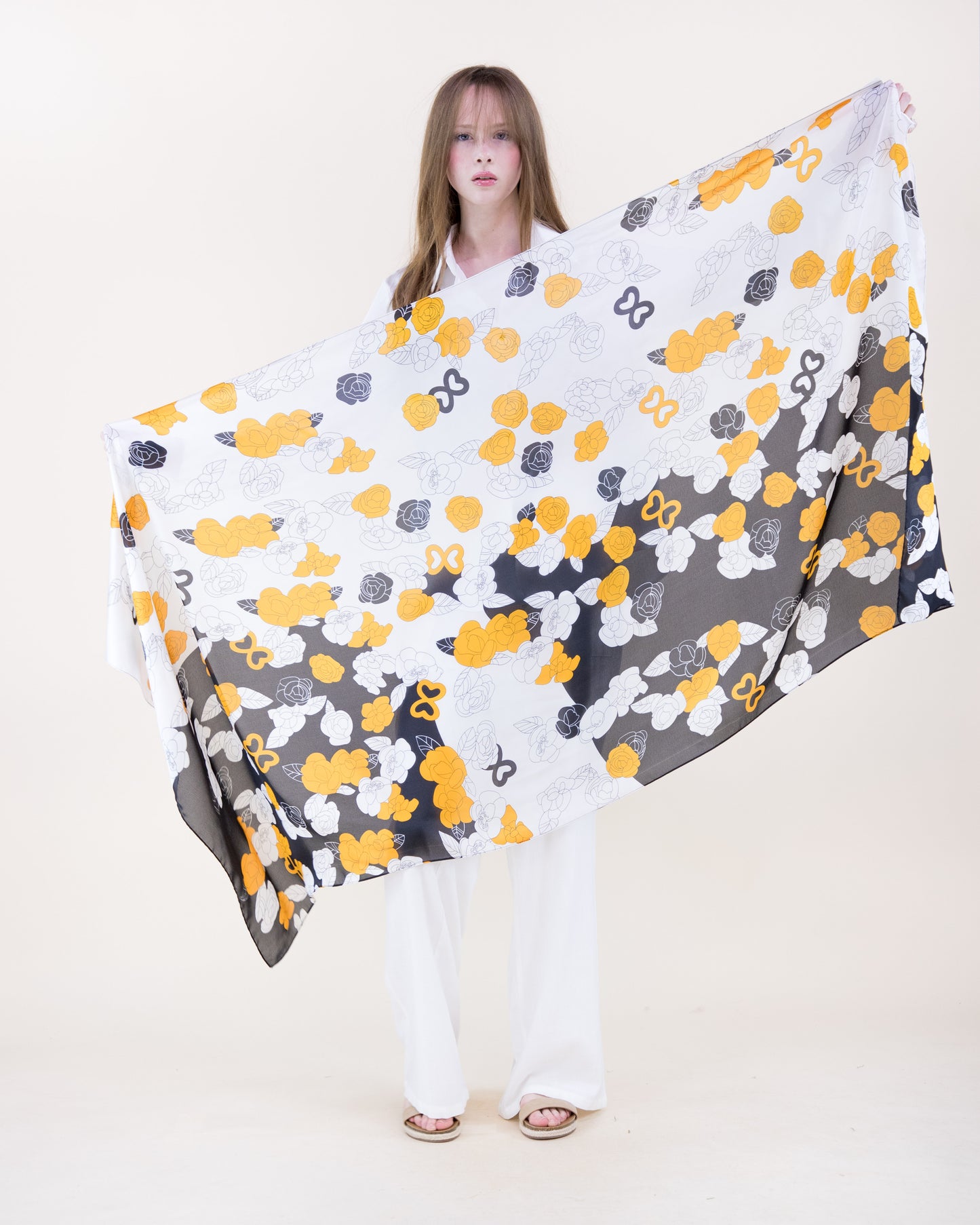 Peony Roses Contour Satin Long Scarf