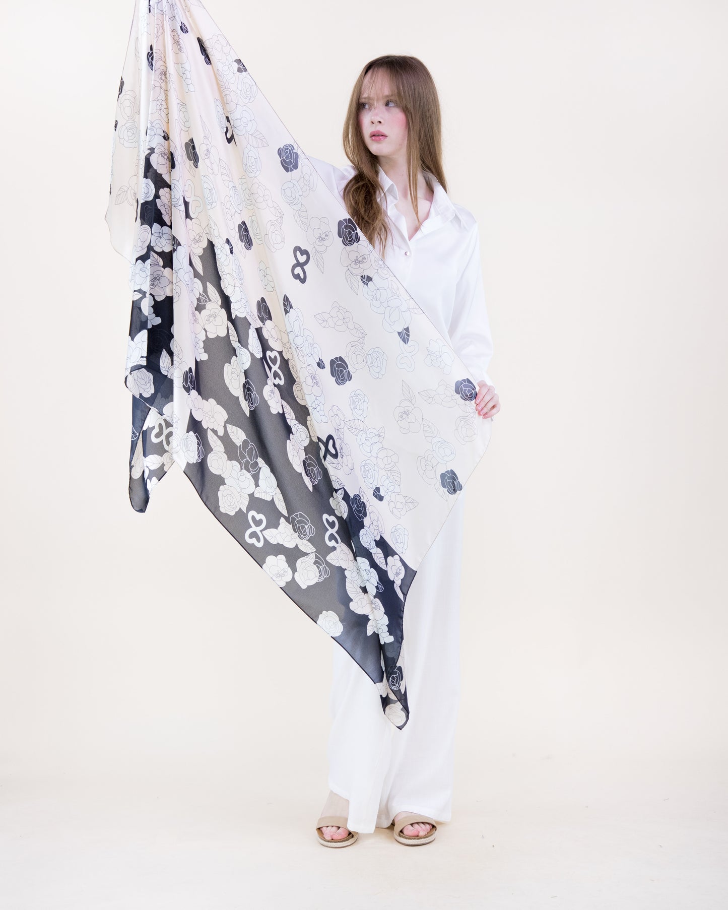 Peony Roses Contour Satin Long Scarf
