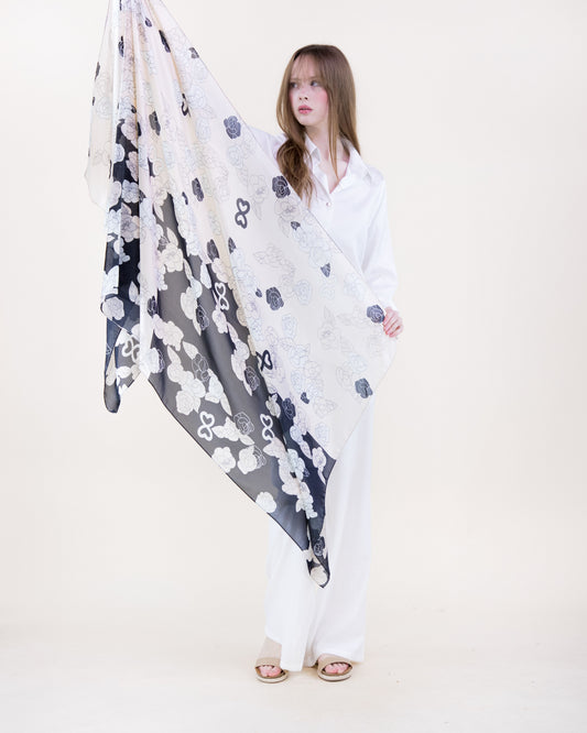 Peony Roses Contour Satin Long Scarf