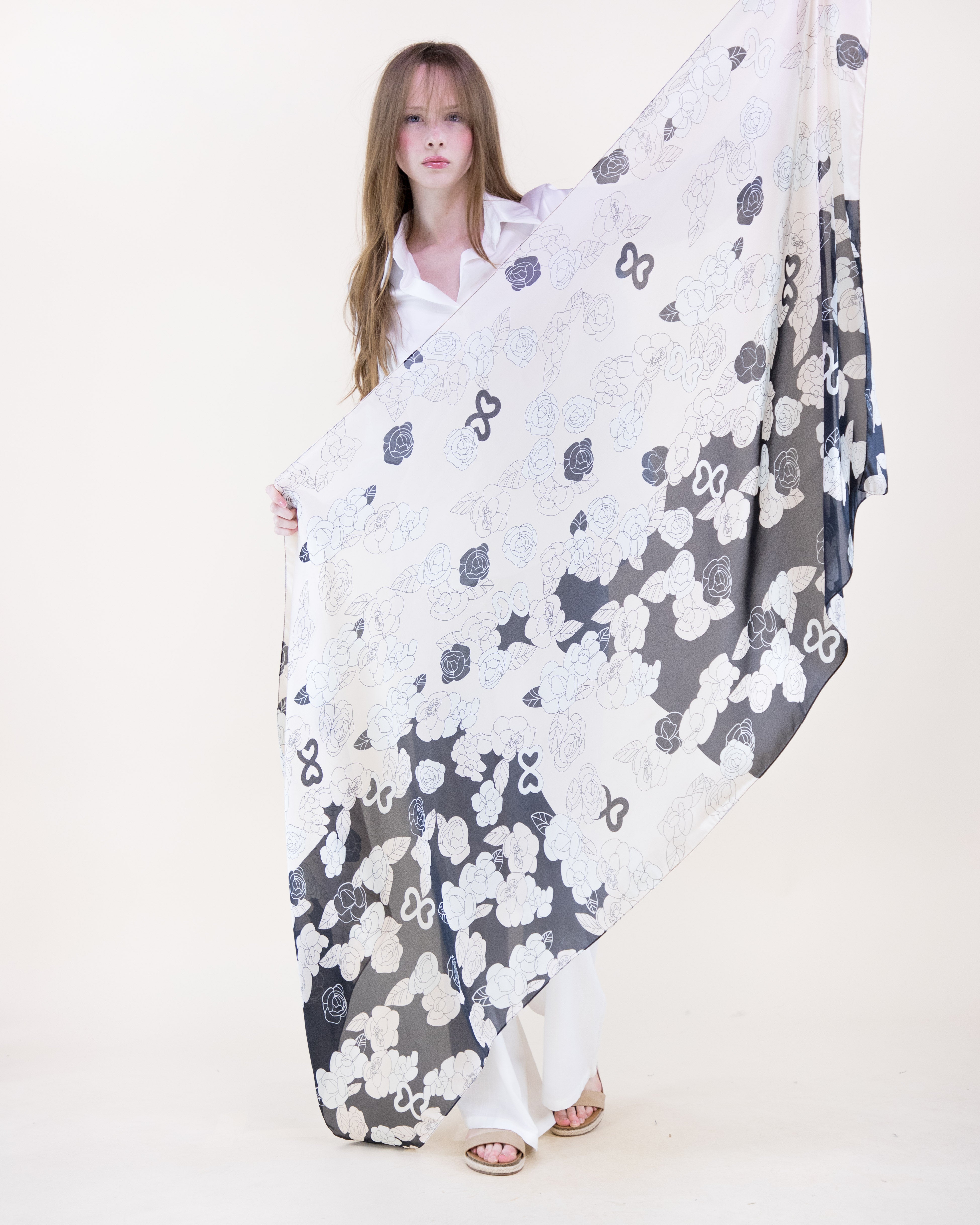 Peony Roses Contour Satin Long Scarf