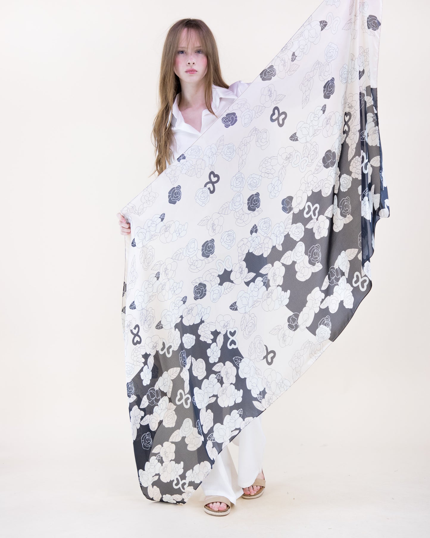 Peony Roses Contour Satin Long Scarf