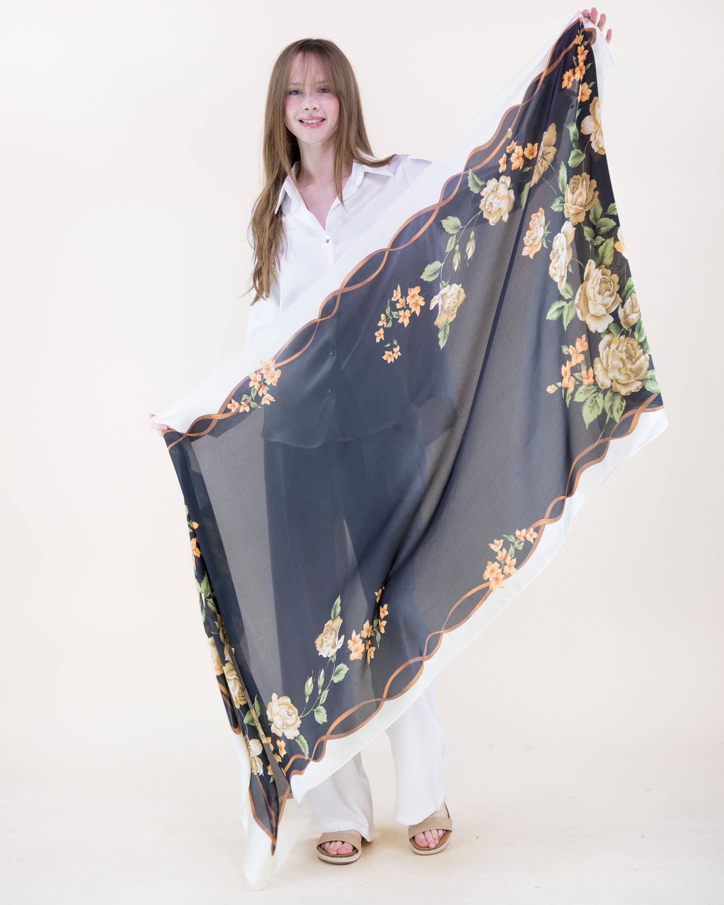 Rose Garden Branch Border Satin Long Scarf