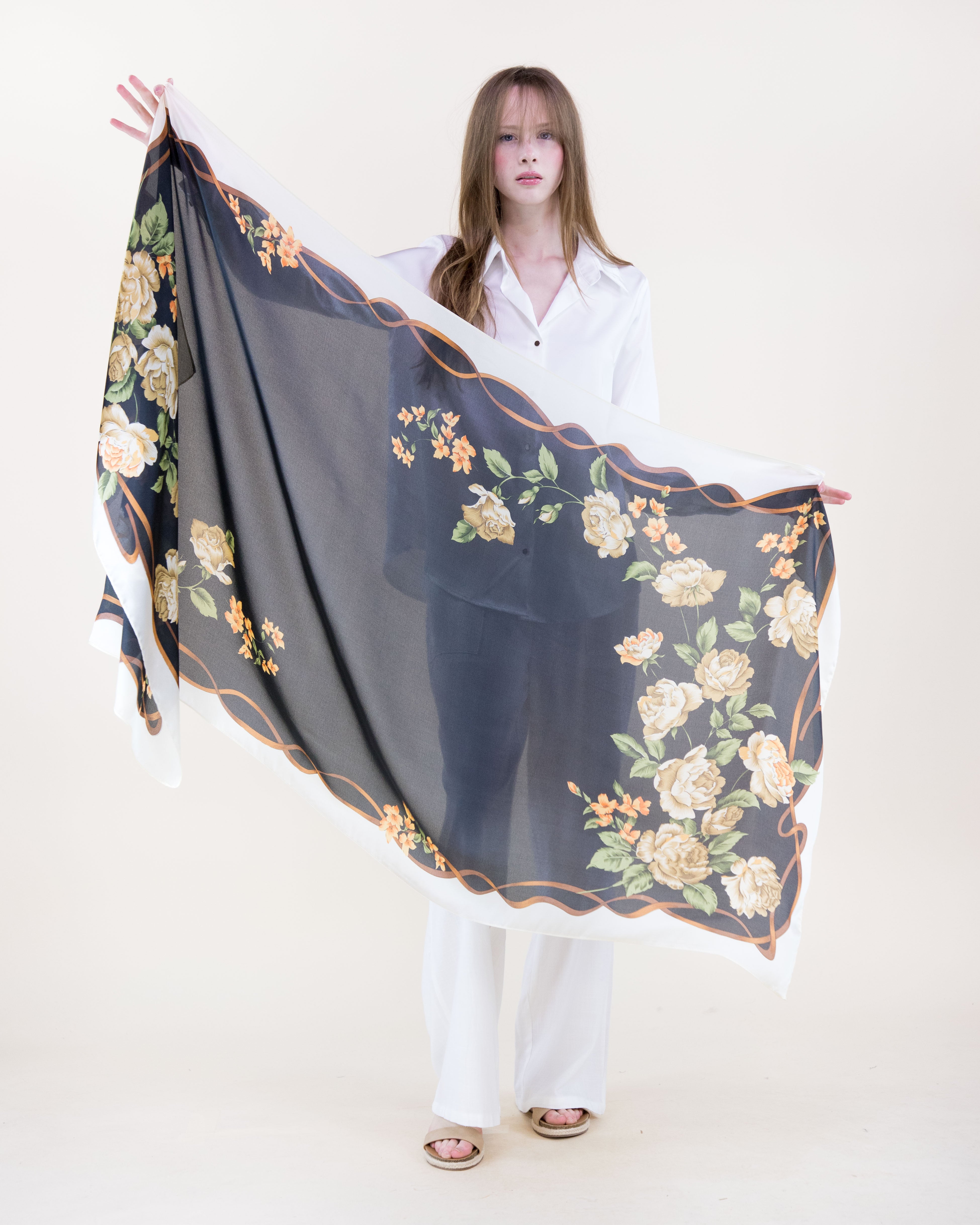 Rose Garden Branch Border Satin Long Scarf