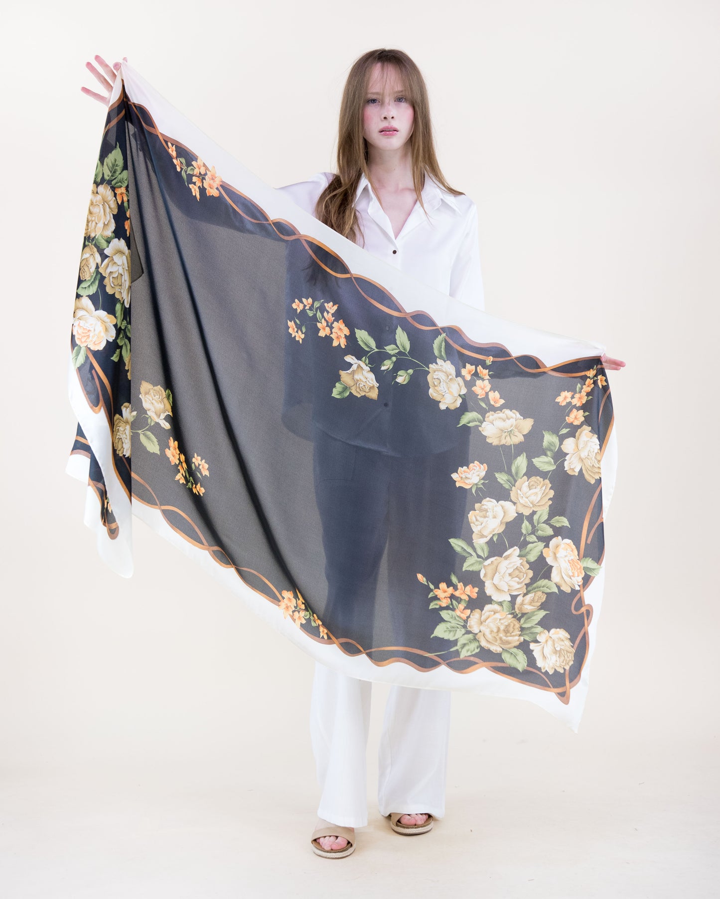 Rose Garden Branch Border Satin Long Scarf