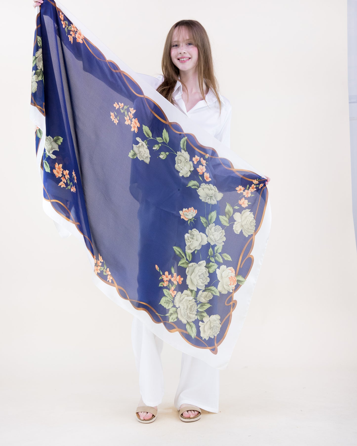 Rose Garden Branch Border Satin Long Scarf