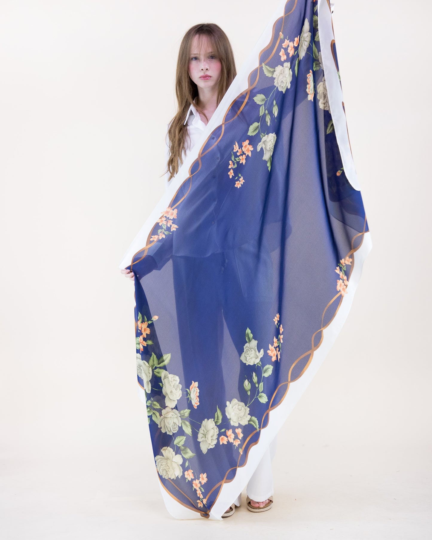 Rose Garden Branch Border Satin Long Scarf