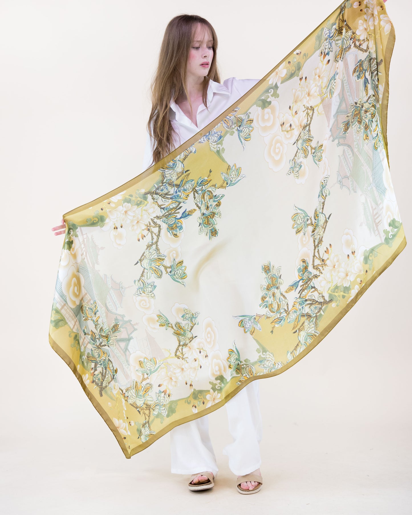 Storybook Botanical Satin Long Scarf