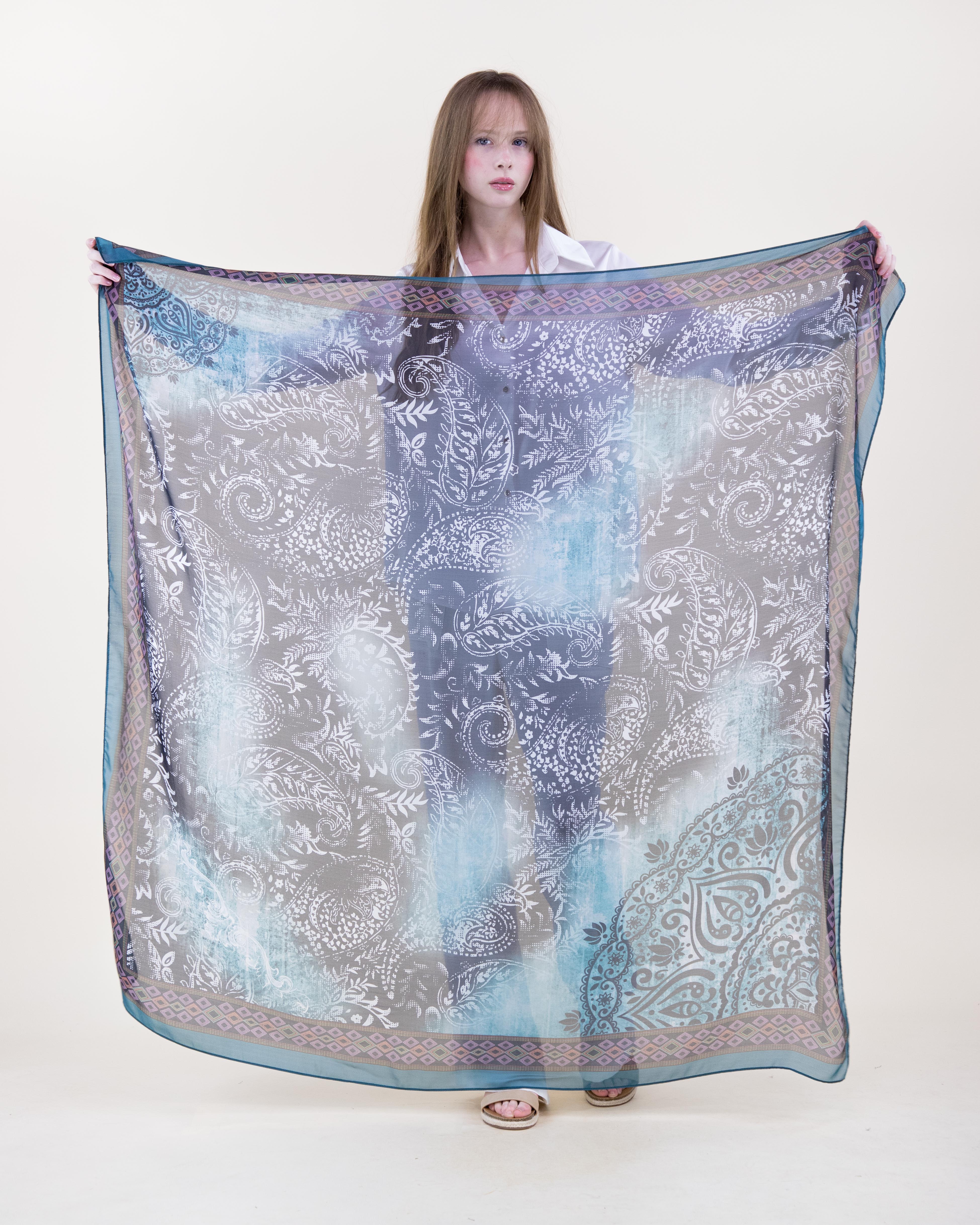 Aqua Haze Paisley Silky Large Square Scarf