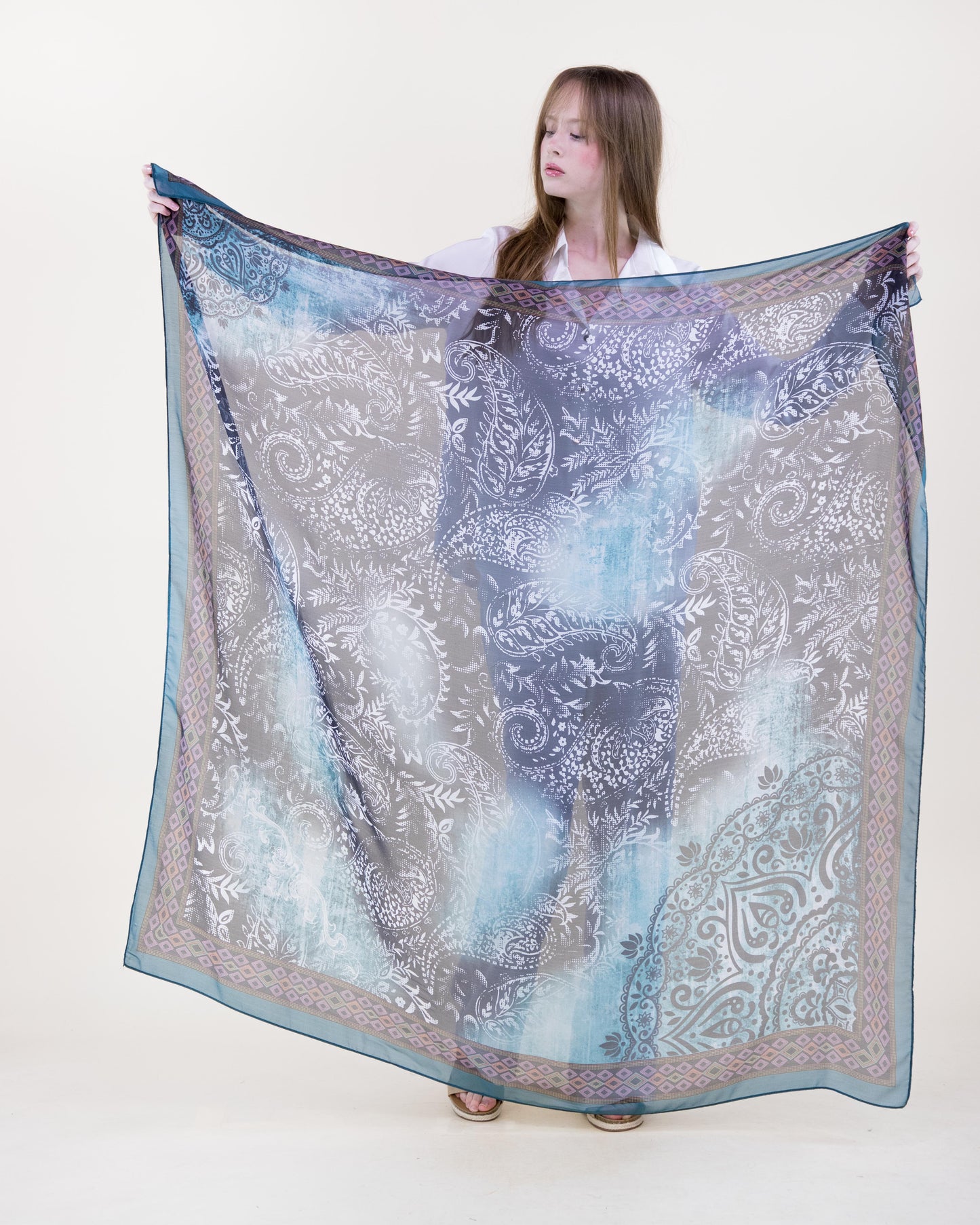 Aqua Haze Paisley Silky Large Square Scarf