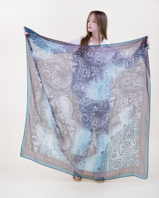 Aqua Haze Paisley Silky Large Square Scarf