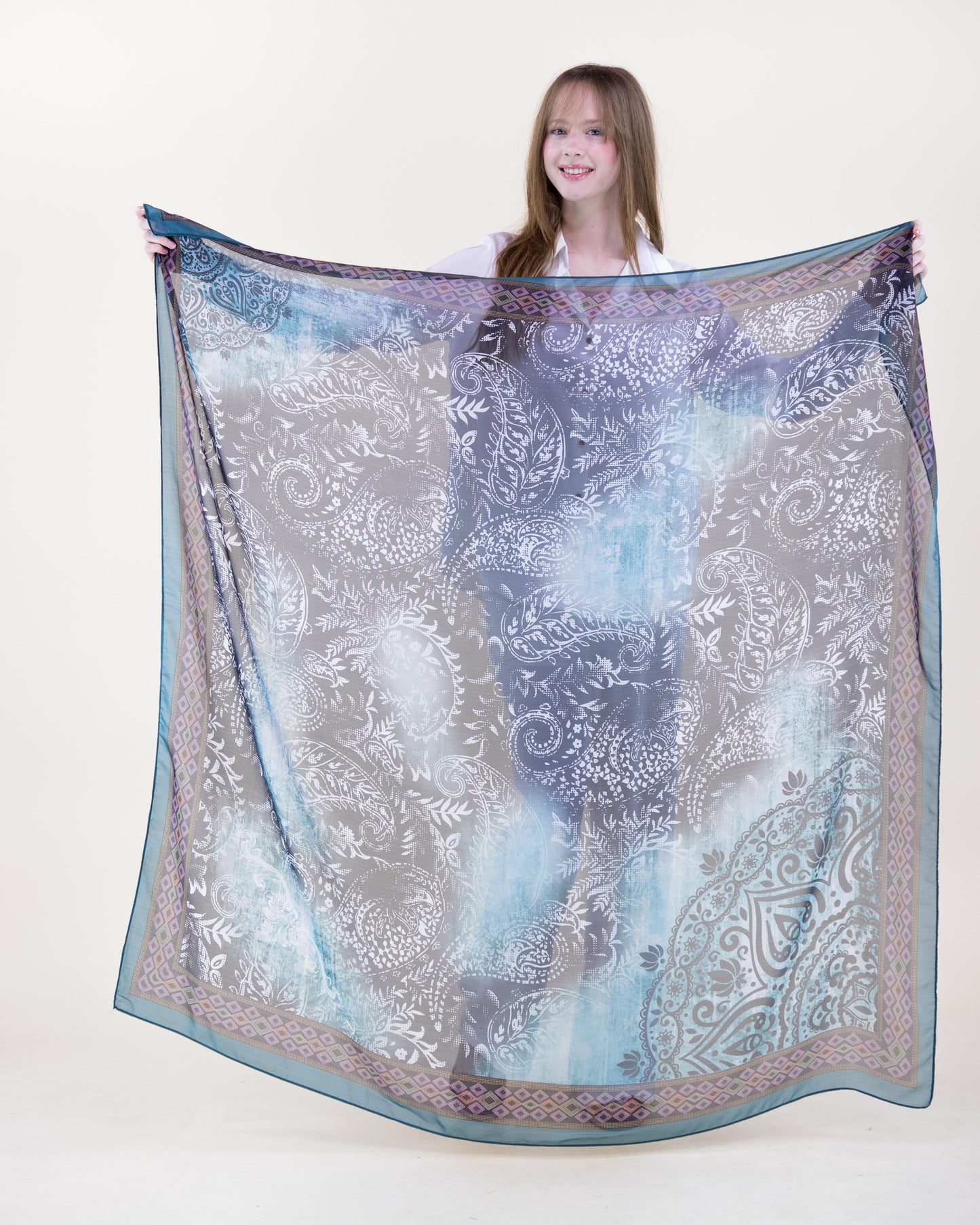 Aqua Haze Paisley Silky Large Square Scarf