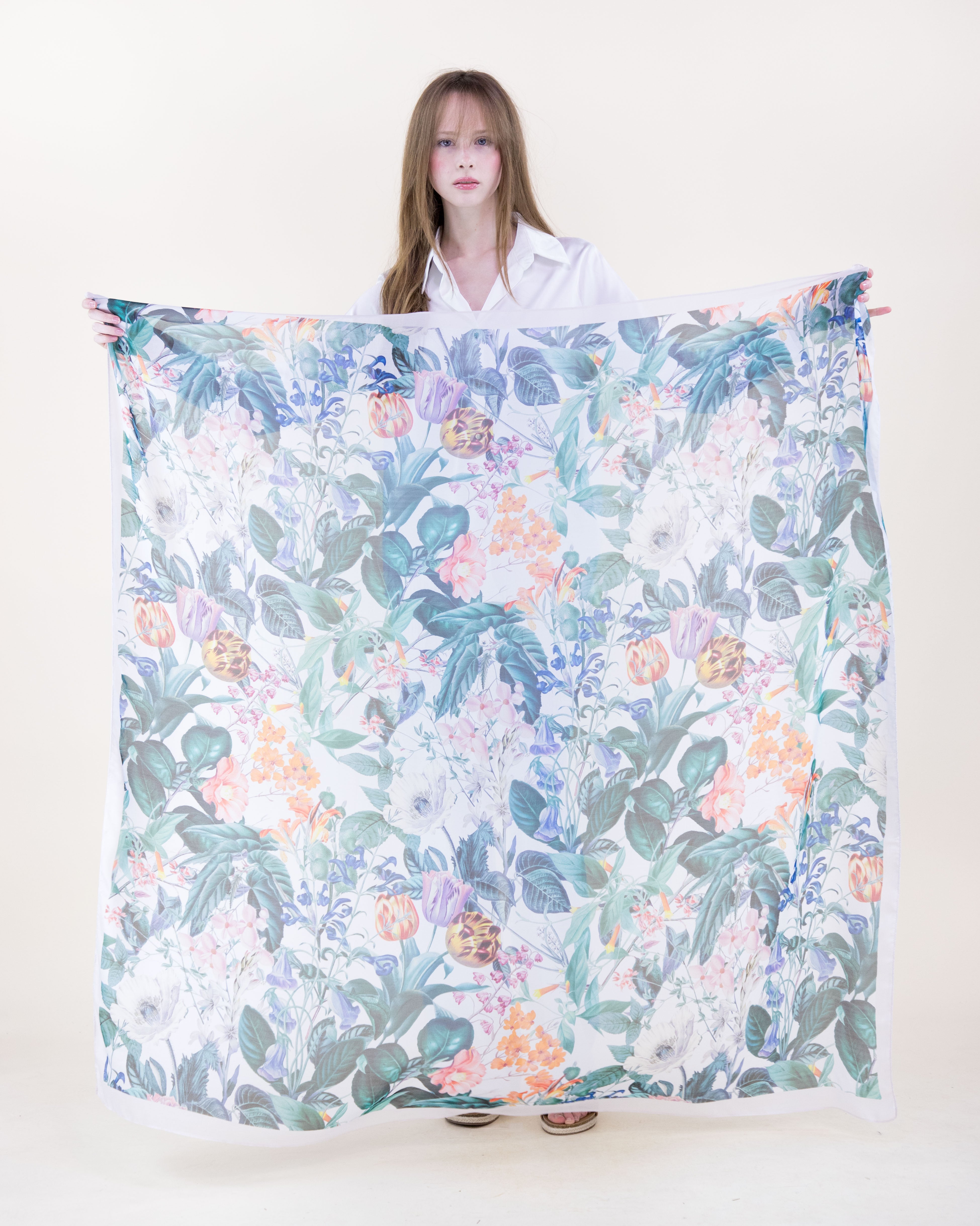 English Botanical Silky Large Square Scarf