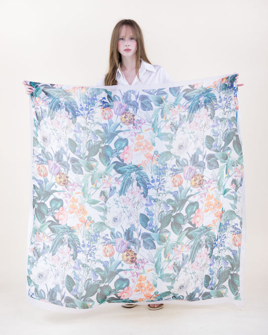 English Botanical Silky Large Square Scarf