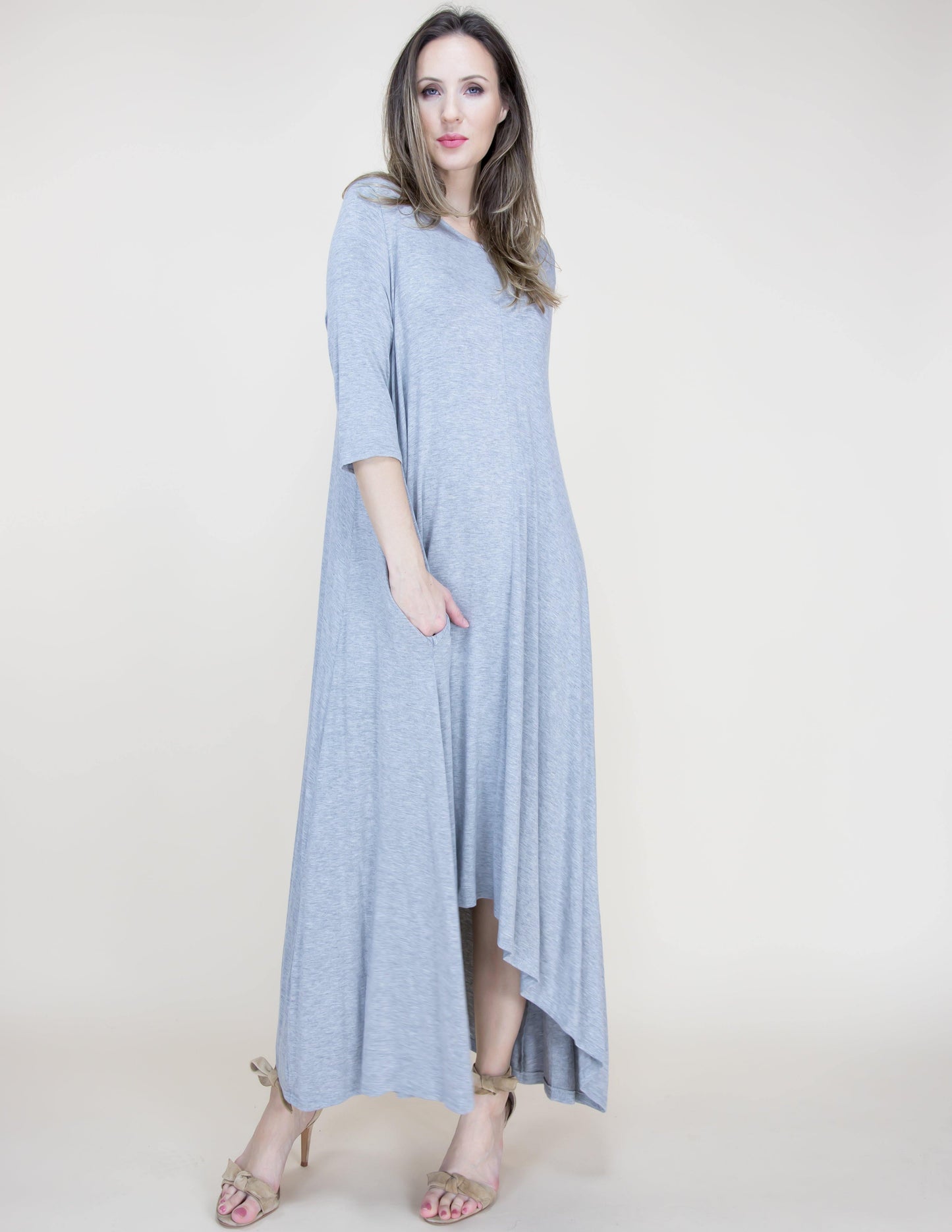 Free Falling 3/4 Sleeve Drapey Maxi Dress