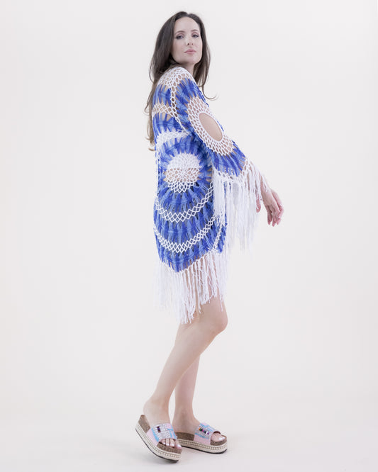 Asymmetrical Hemline Radial Pattern Crochet Tunic w/ 3/4 Sleeves and Fringe