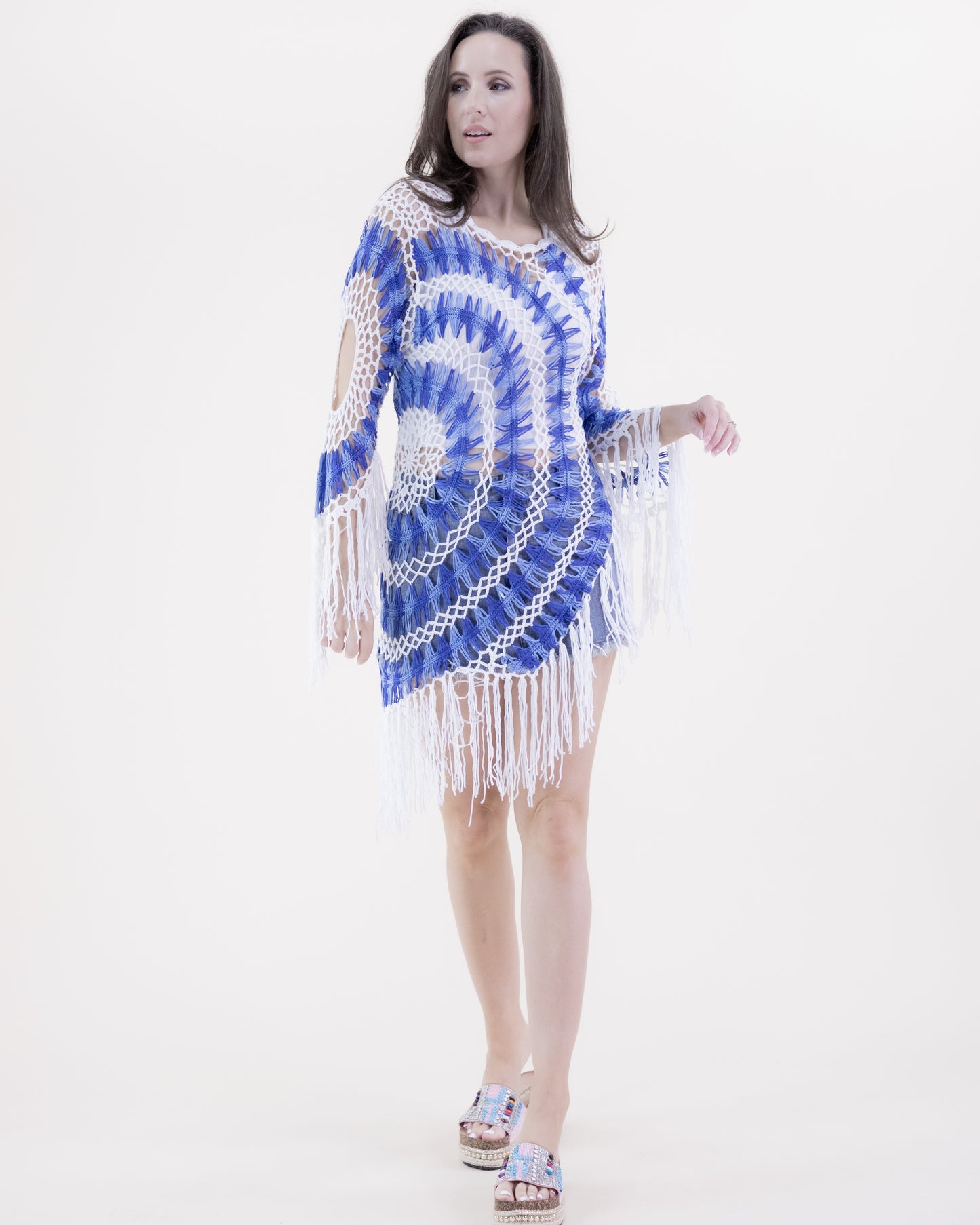 Asymmetrical Hemline Radial Pattern Crochet Tunic w/ 3/4 Sleeves and Fringe
