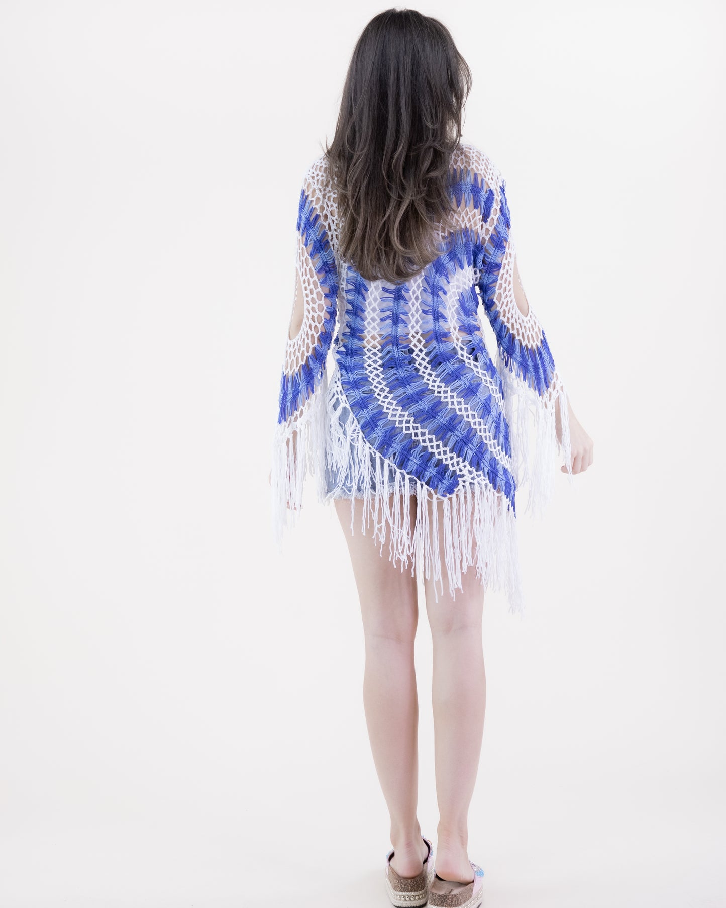 Asymmetrical Hemline Radial Pattern Crochet Tunic w/ 3/4 Sleeves and Fringe