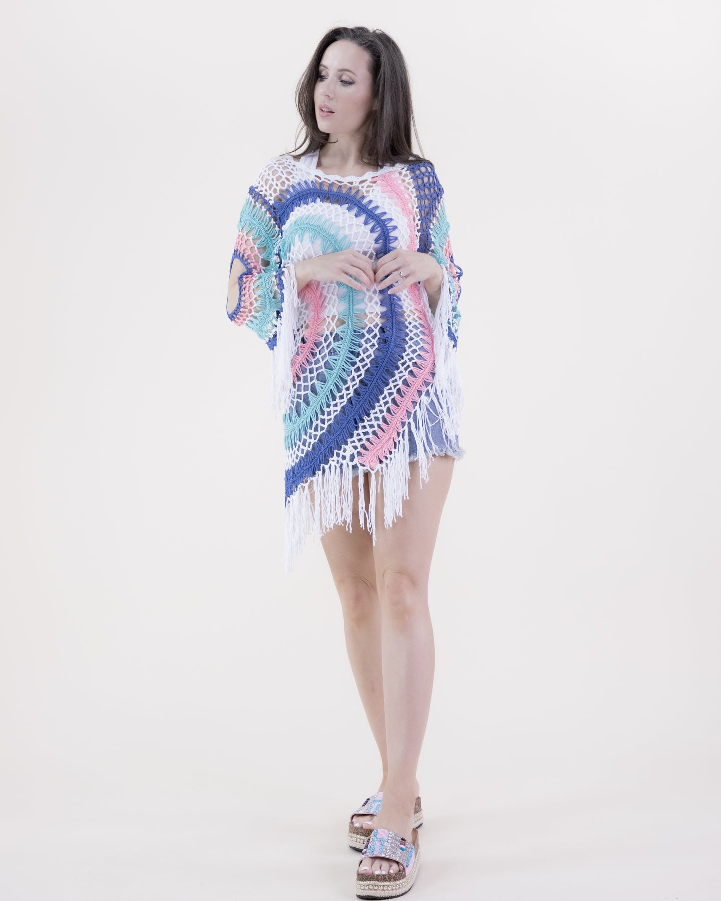 Muted Asymmetrical Hemline Radial Pattern Crochet Tunic w/ 3/4 Sleeves and Fringe