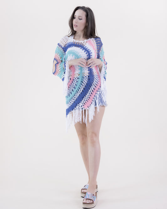Muted Asymmetrical Hemline Radial Pattern Crochet Tunic w/ 3/4 Sleeves and Fringe