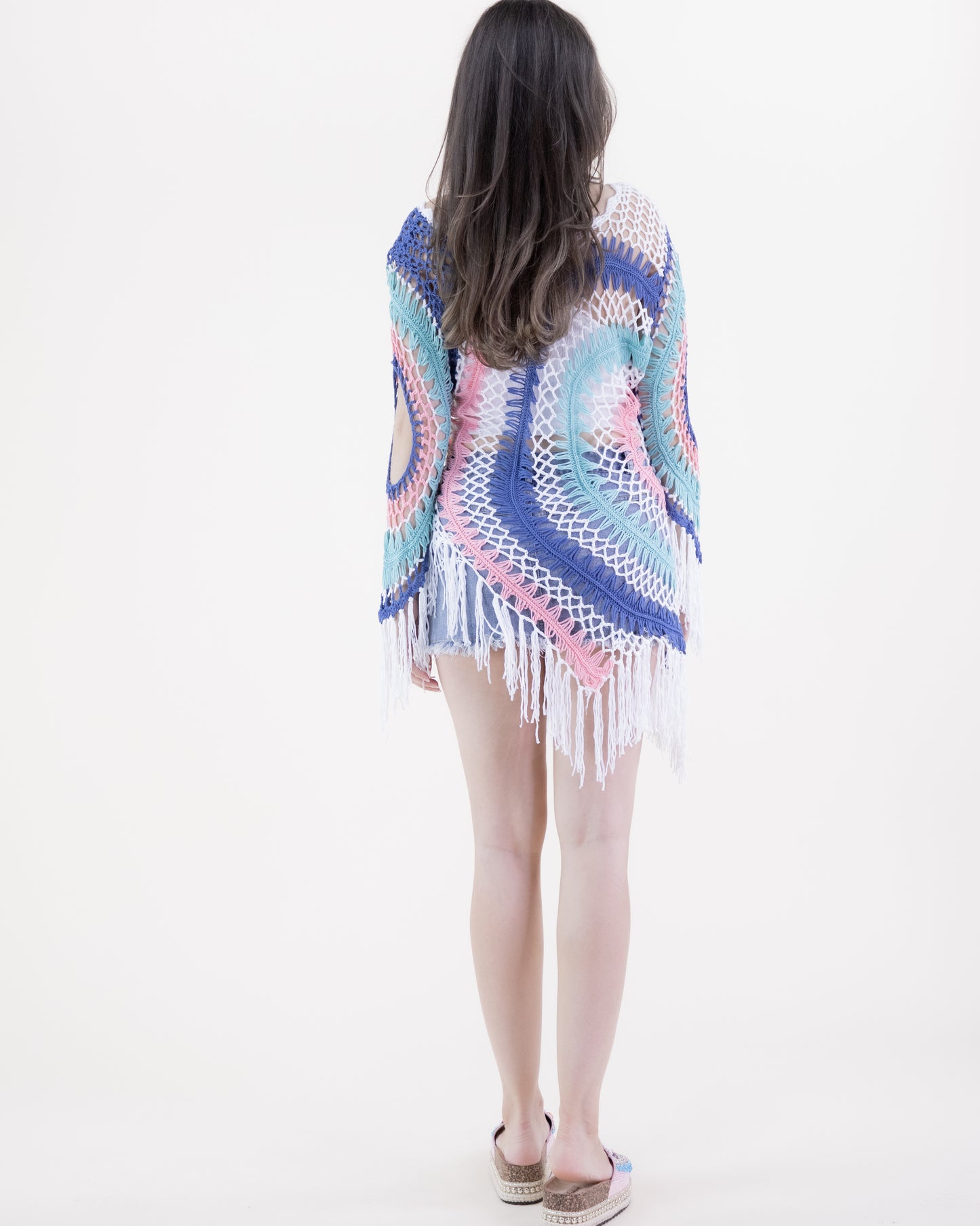 Muted Asymmetrical Hemline Radial Pattern Crochet Tunic w/ 3/4 Sleeves and Fringe