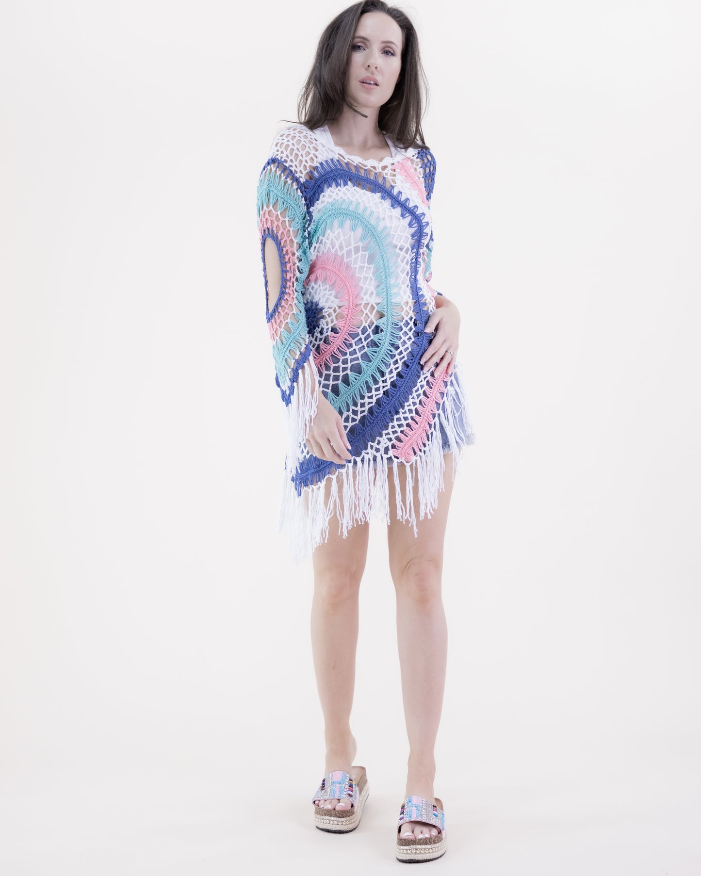 Muted Asymmetrical Hemline Radial Pattern Crochet Tunic w/ 3/4 Sleeves and Fringe