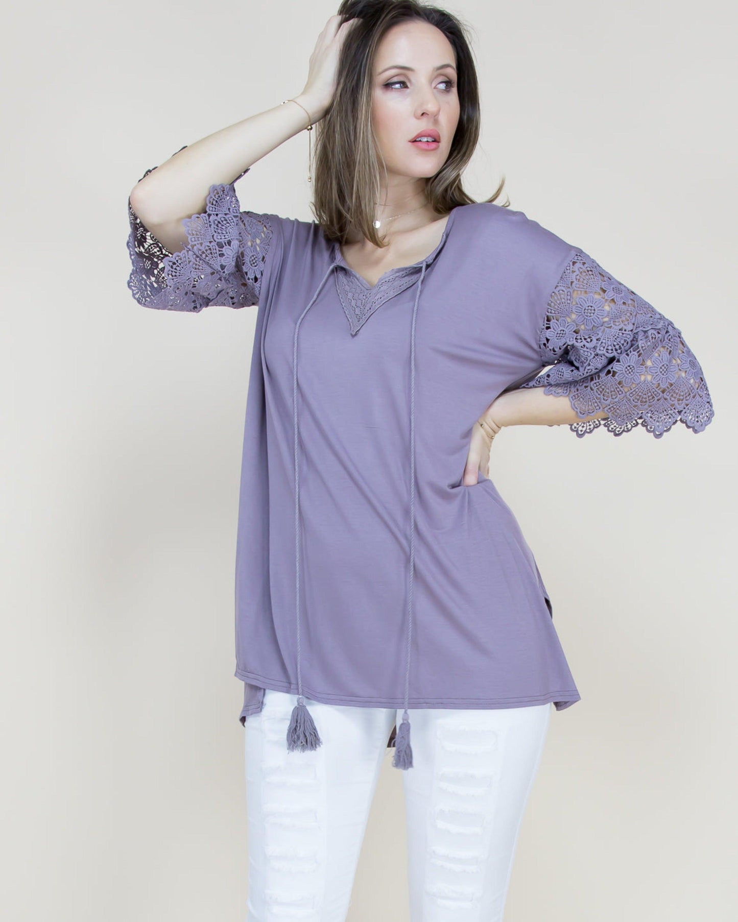 3/4 Lace Bell Sleeve Tunic Top