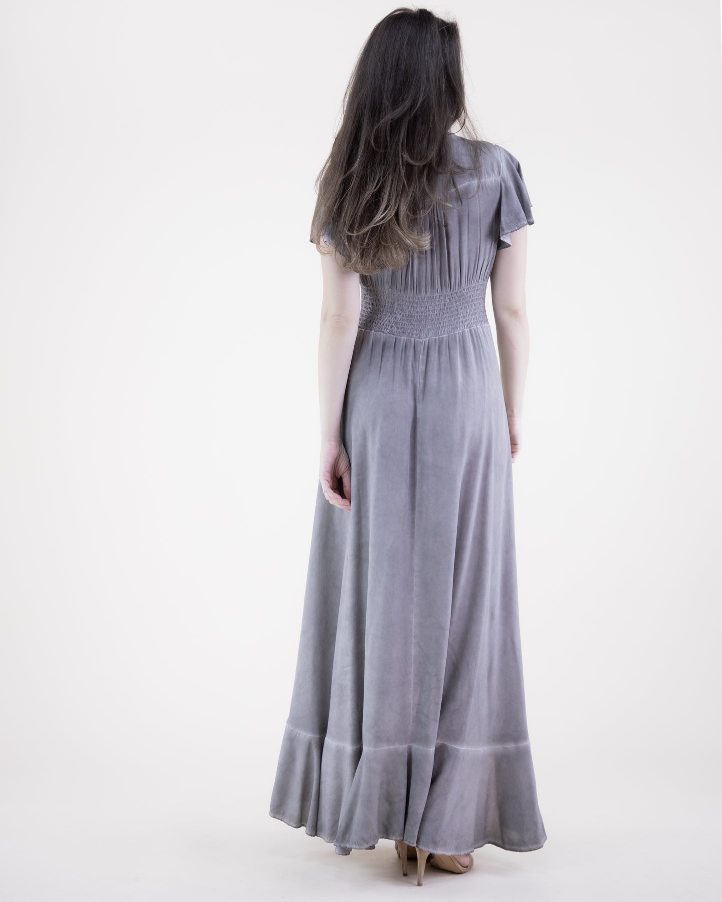 Mineral Wash Butterfly Sleeve High Low Maxi Dress