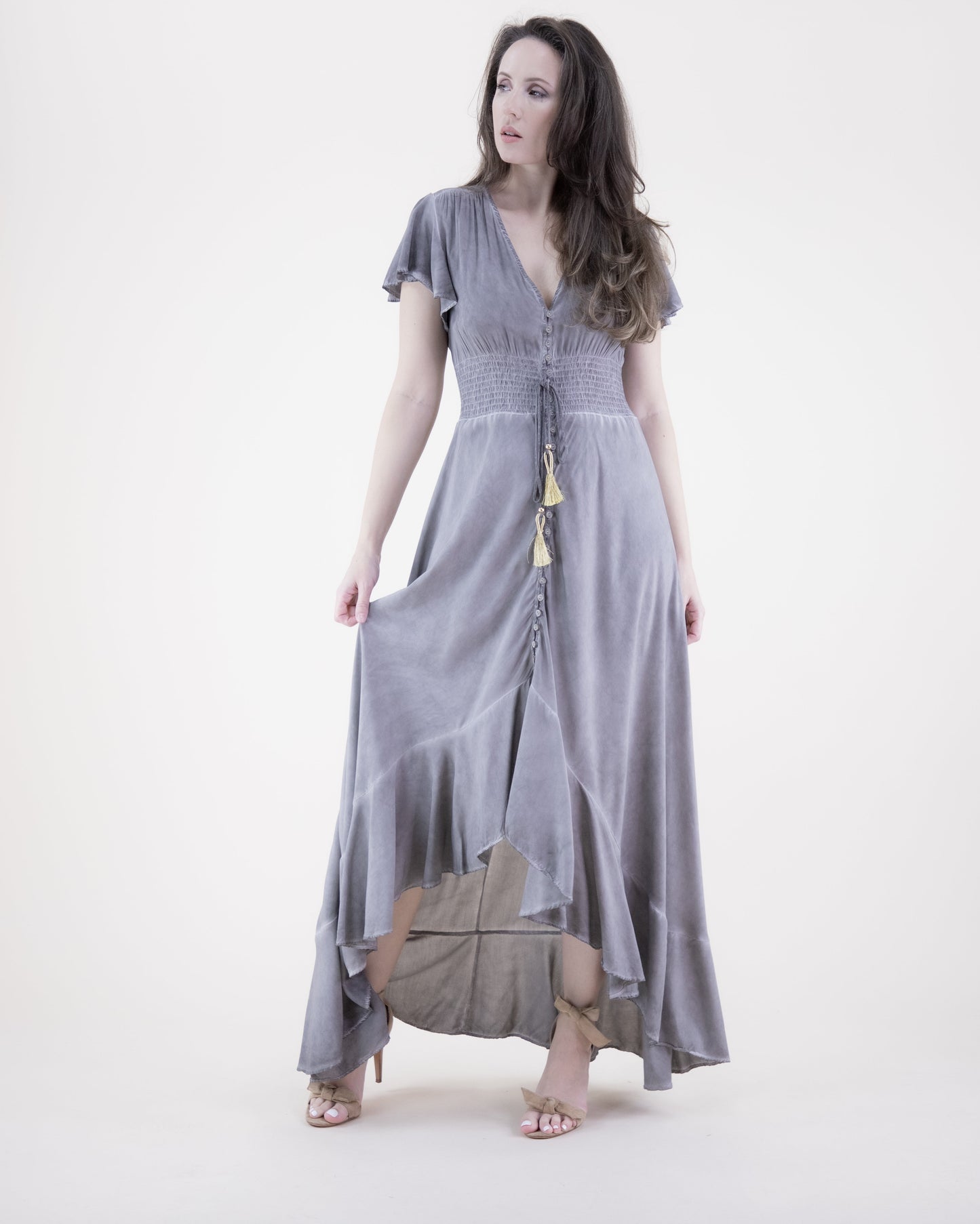 Mineral Wash Butterfly Sleeve High Low Maxi Dress