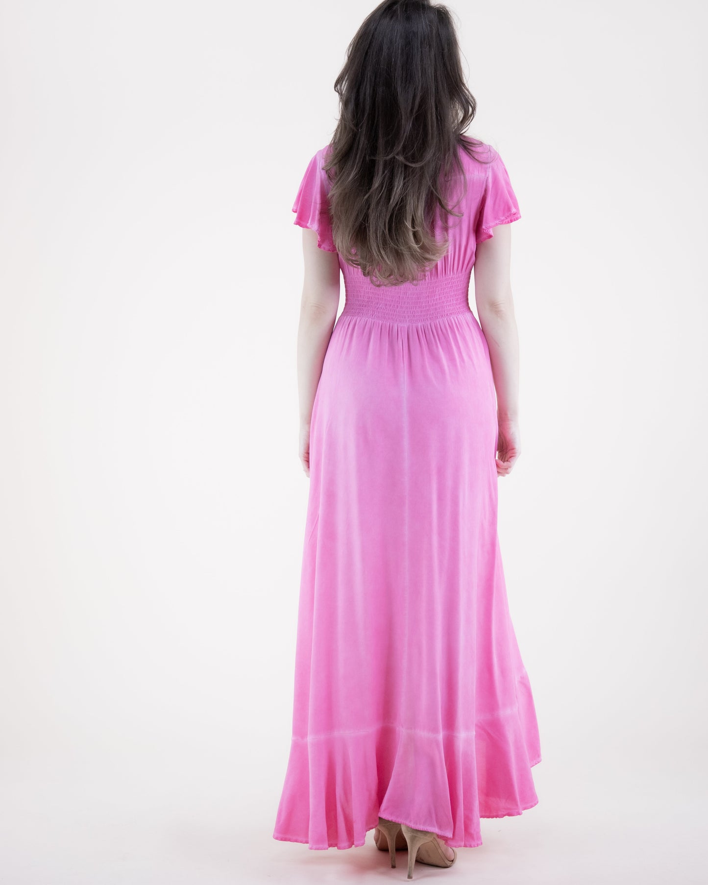 Mineral Wash Butterfly Sleeve High Low Maxi Dress