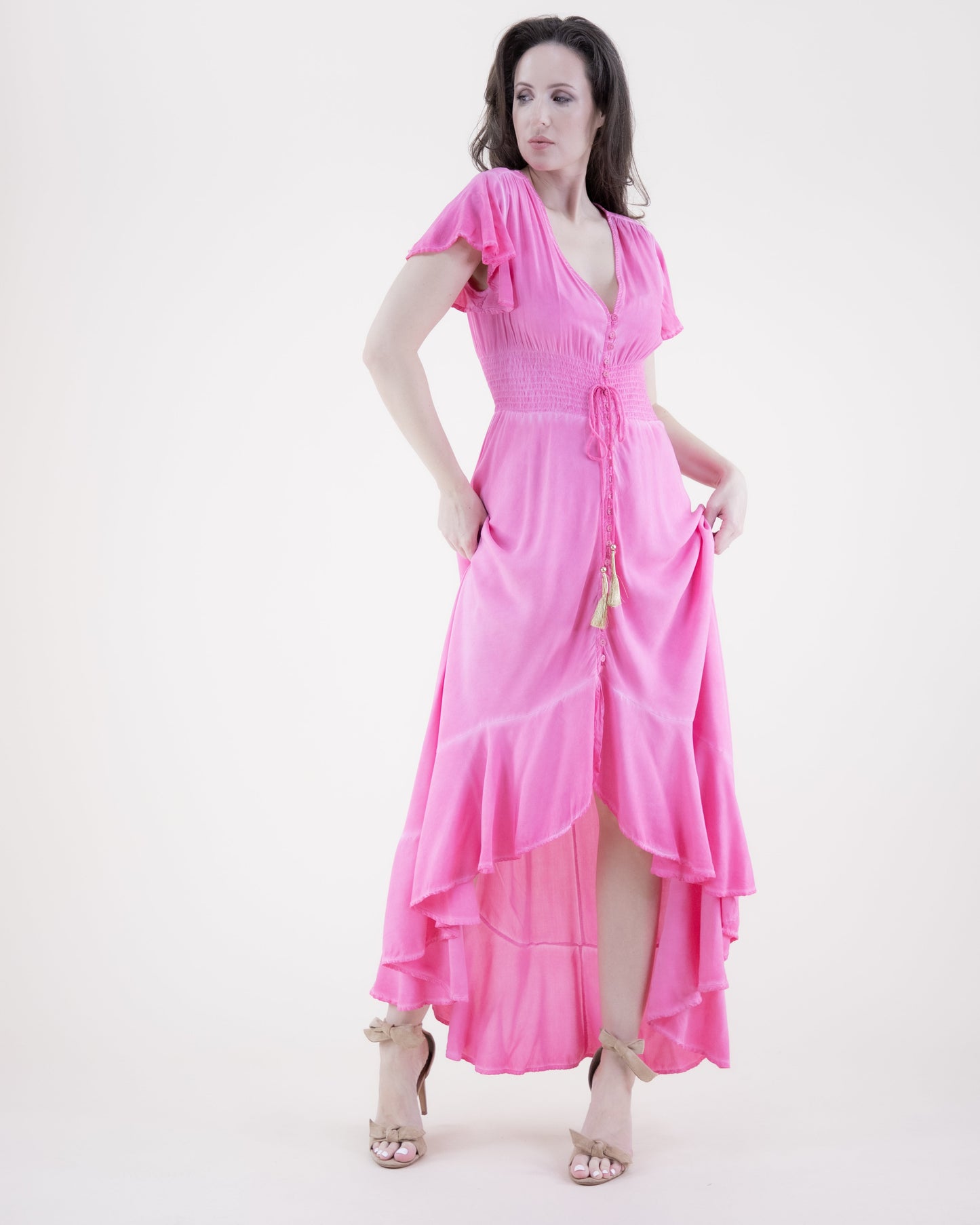 Mineral Wash Butterfly Sleeve High Low Maxi Dress